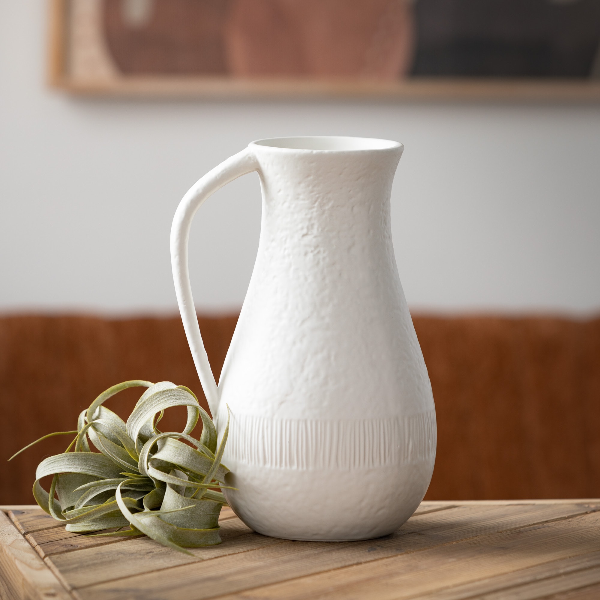 White Textured Ceramic Pitcher Vase with Handle