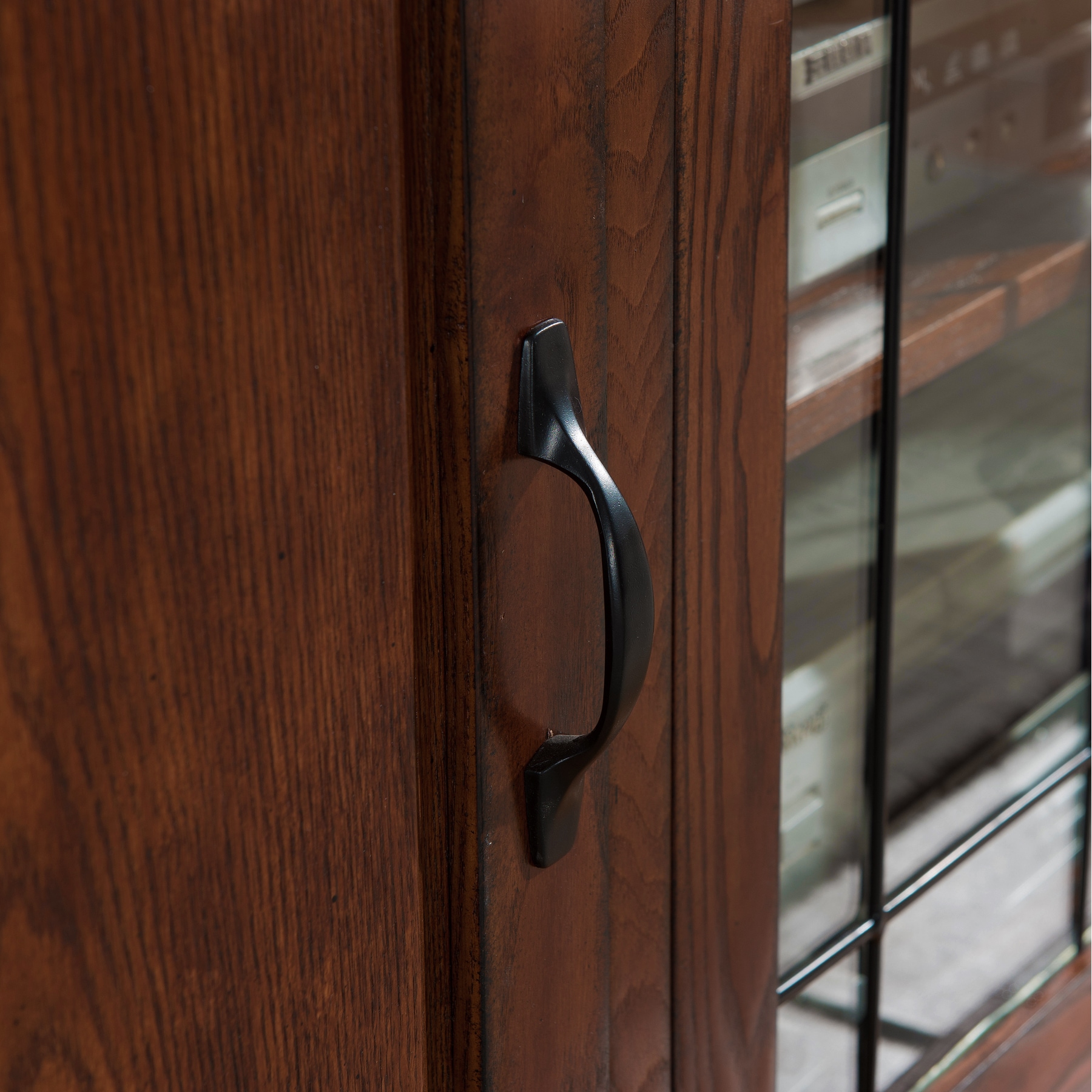 Burnished Oak 60" TV Stand with Leaded Glass Cabinet