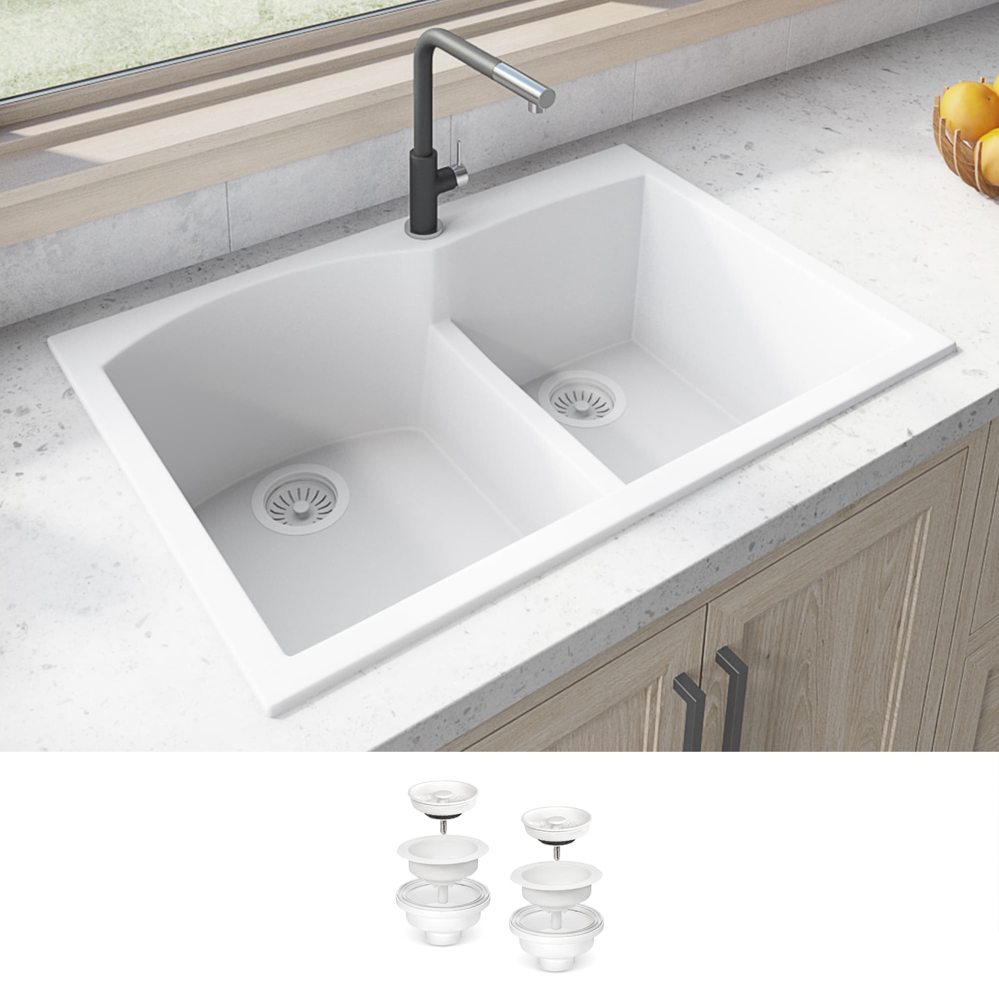 Ruvati RVG1345WH epiGranite Drop-in 33-in x 22-in Granite Double offset bowl 1-Hole Kitchen Sink