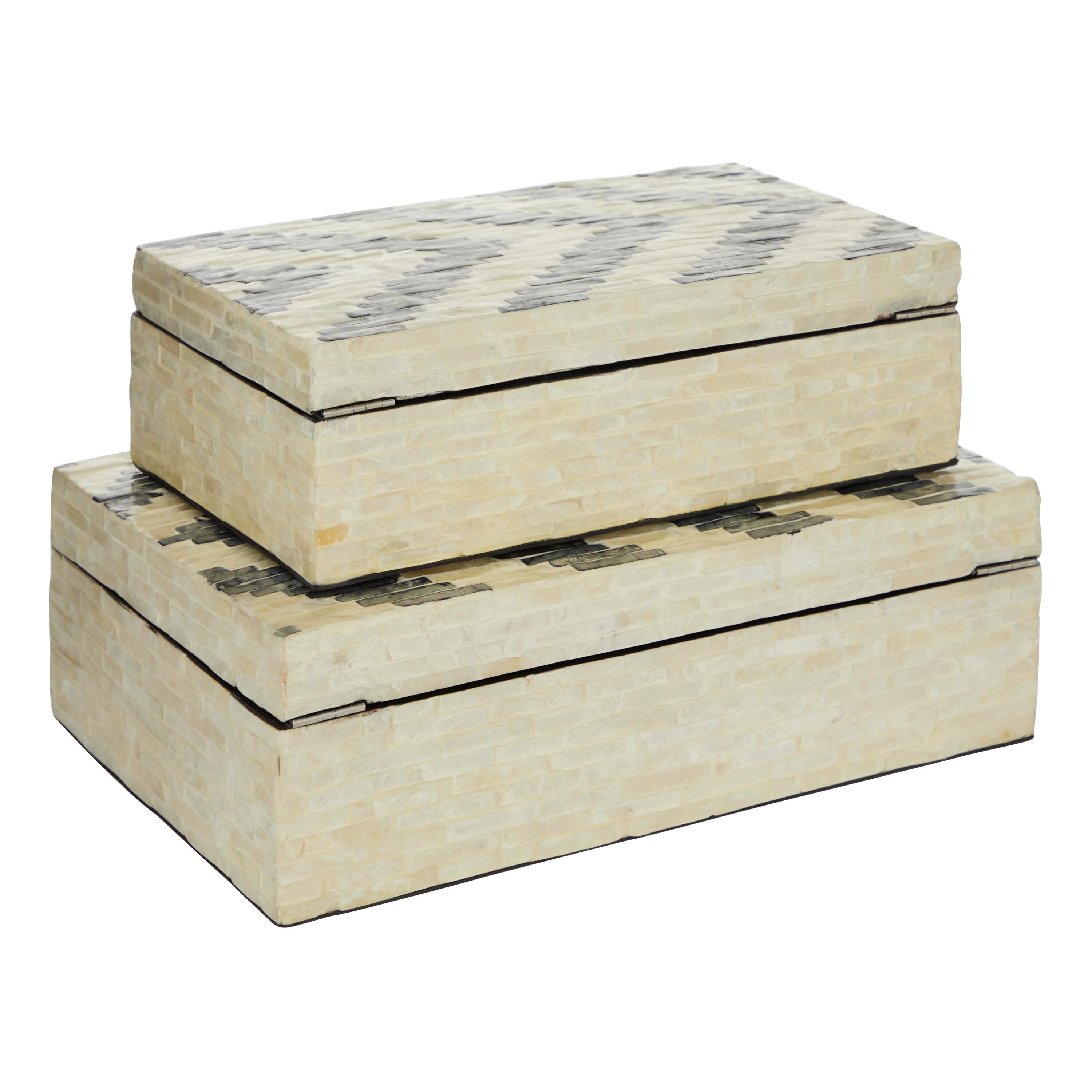 Cream Chevron Pattern Mother of Pearl Decorative Box Set, 14" and 12"