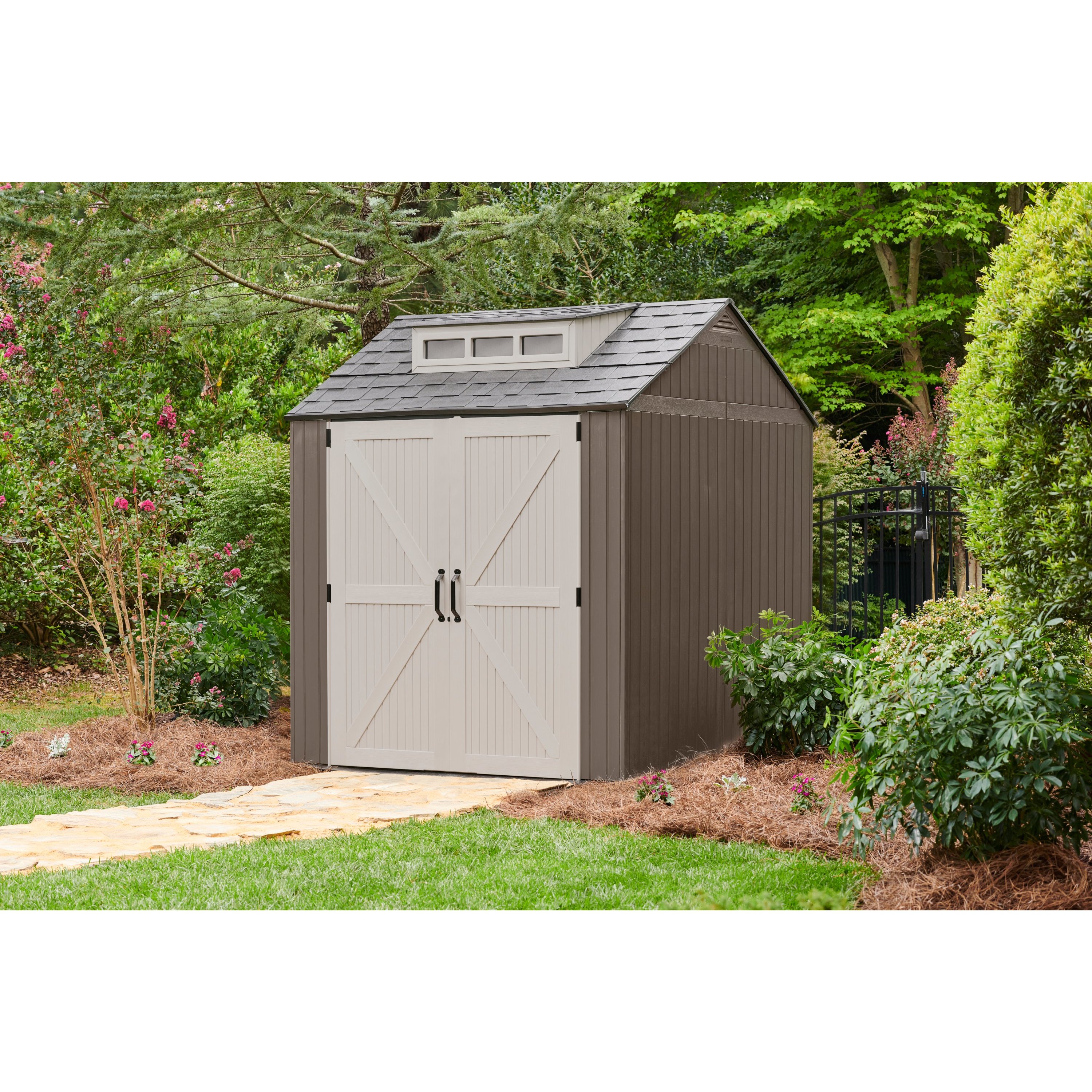Brown Resin Medium Outdoor Storage Shed with Windows, 7 x 7 ft