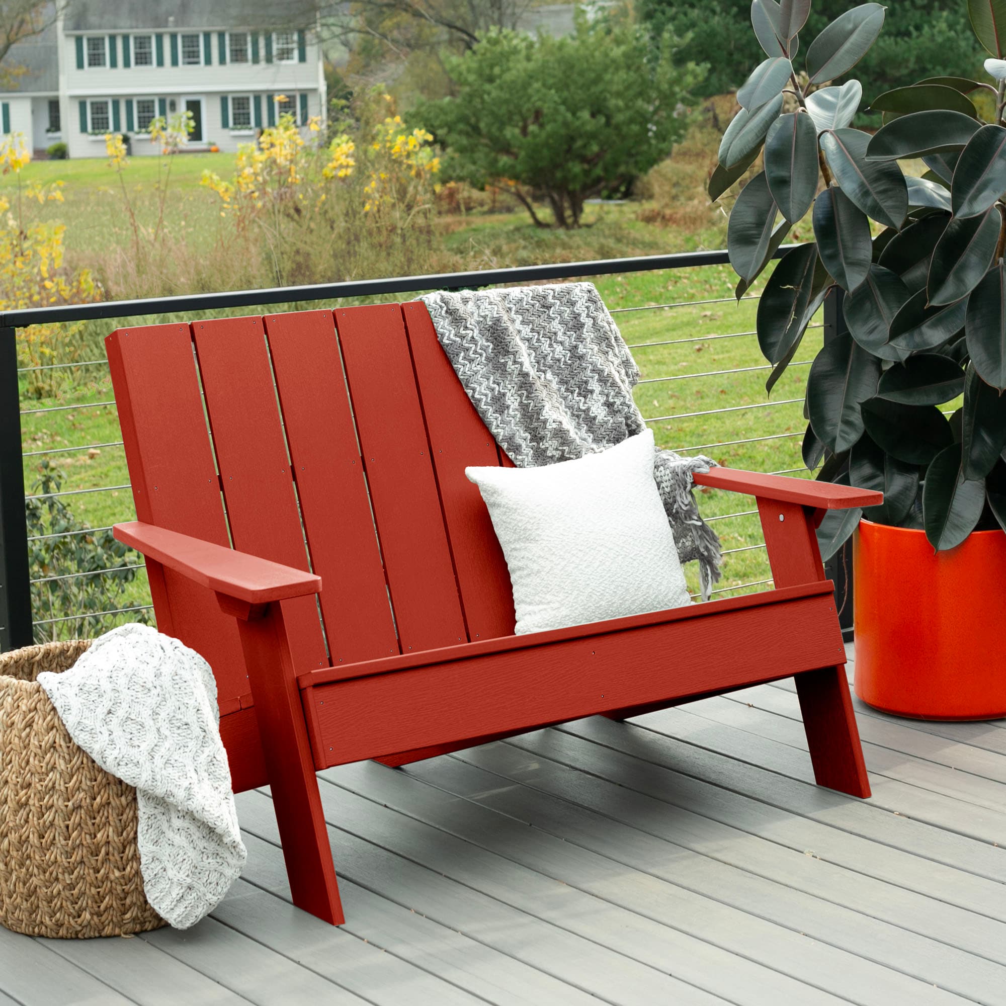 highwood AD-CHRAD02-RED Italica Modern Rustic Red Poly-lumber Frame Stationary Adirondack Chair with Slat Seat