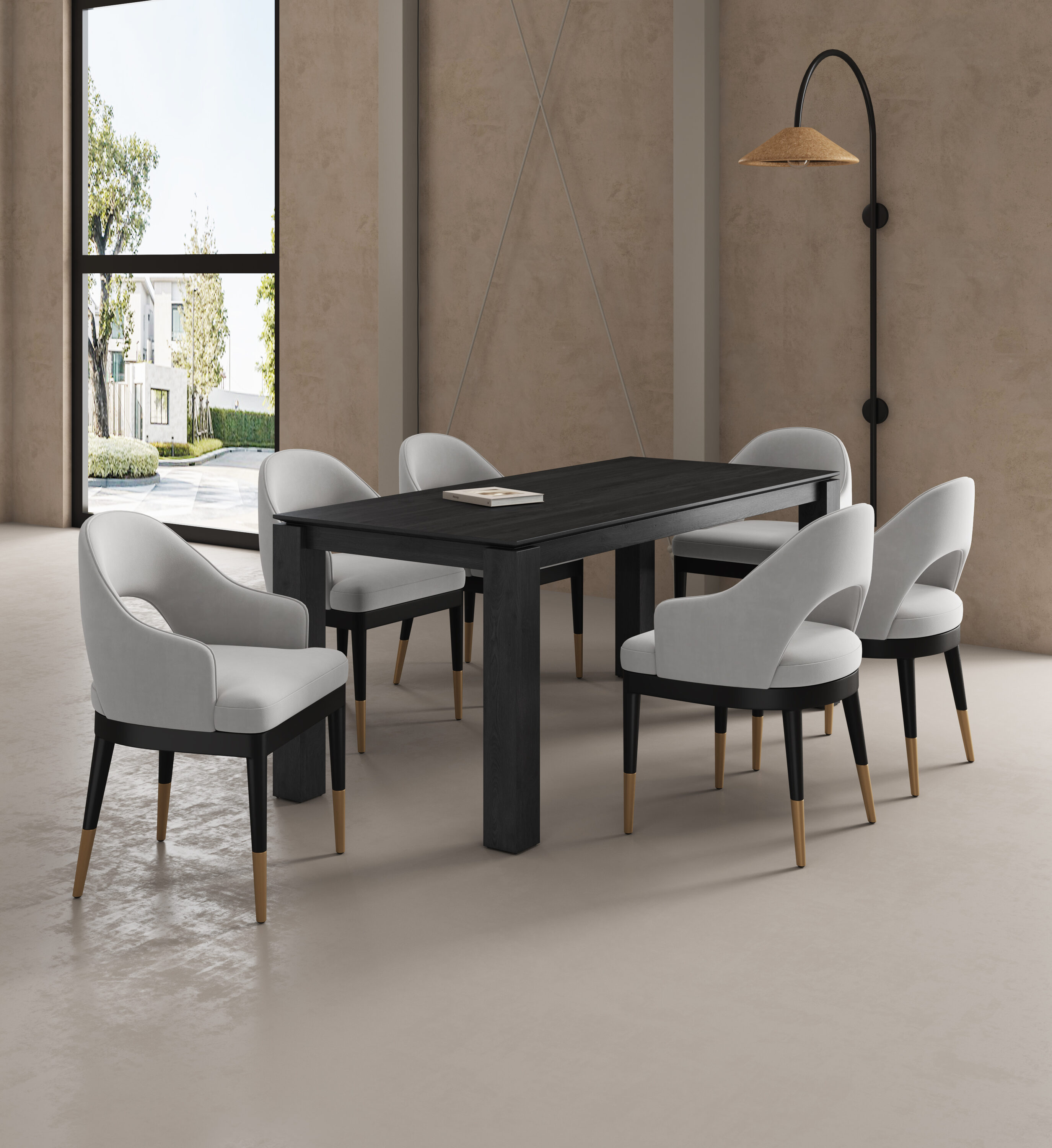 Manhattan Comfort 6-DT02DC089AR-BKLG Black and Light Grey Contemporary/Modern Dining Room Set with Rectangular Table ( Seats 8 )