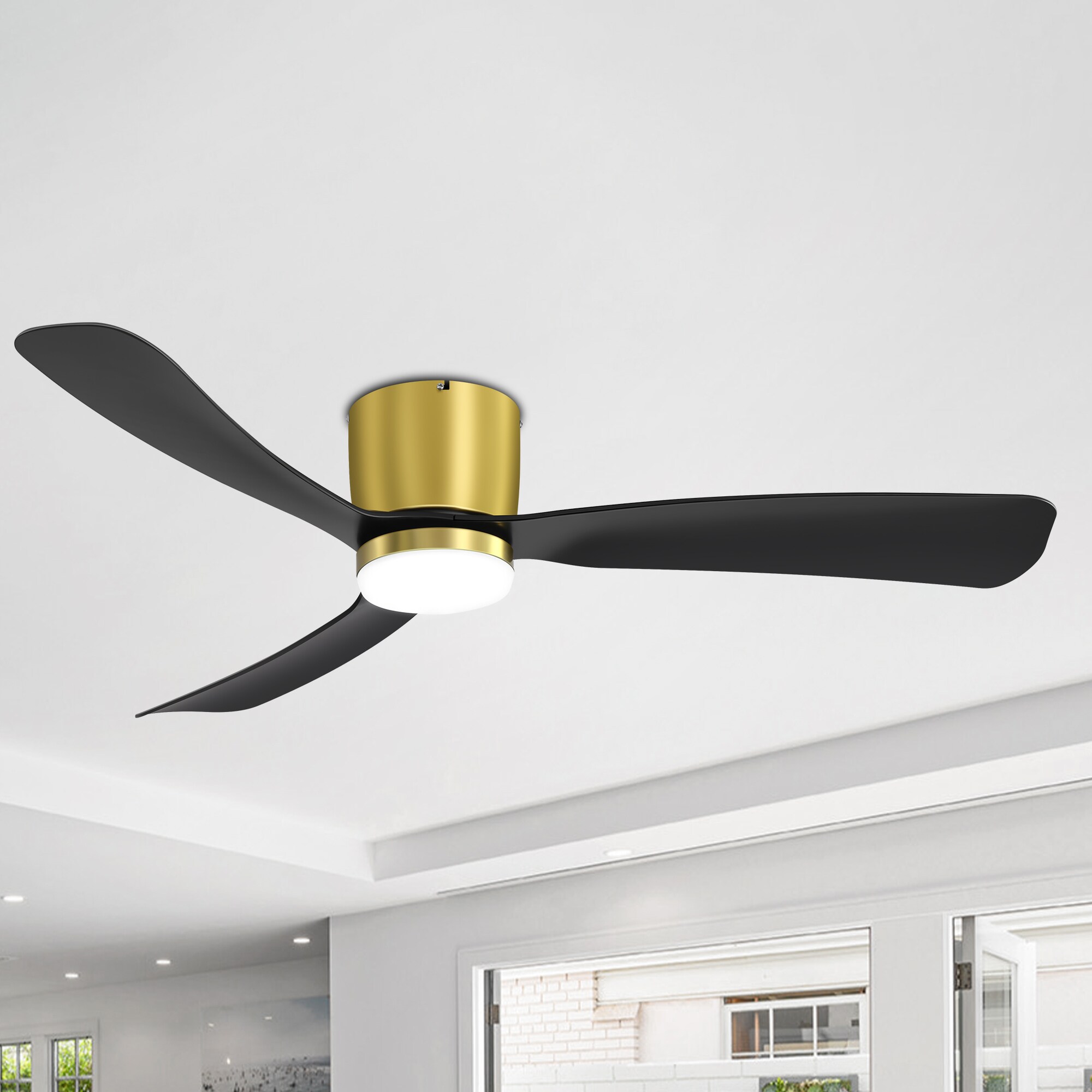 Breezary 24030-GB 52-in Color-Changing Integrated LED Flush Mount Matte Black and Gold with Black Blades Ceiling Fan With Light - Remote Included ( 3 -Blade )
