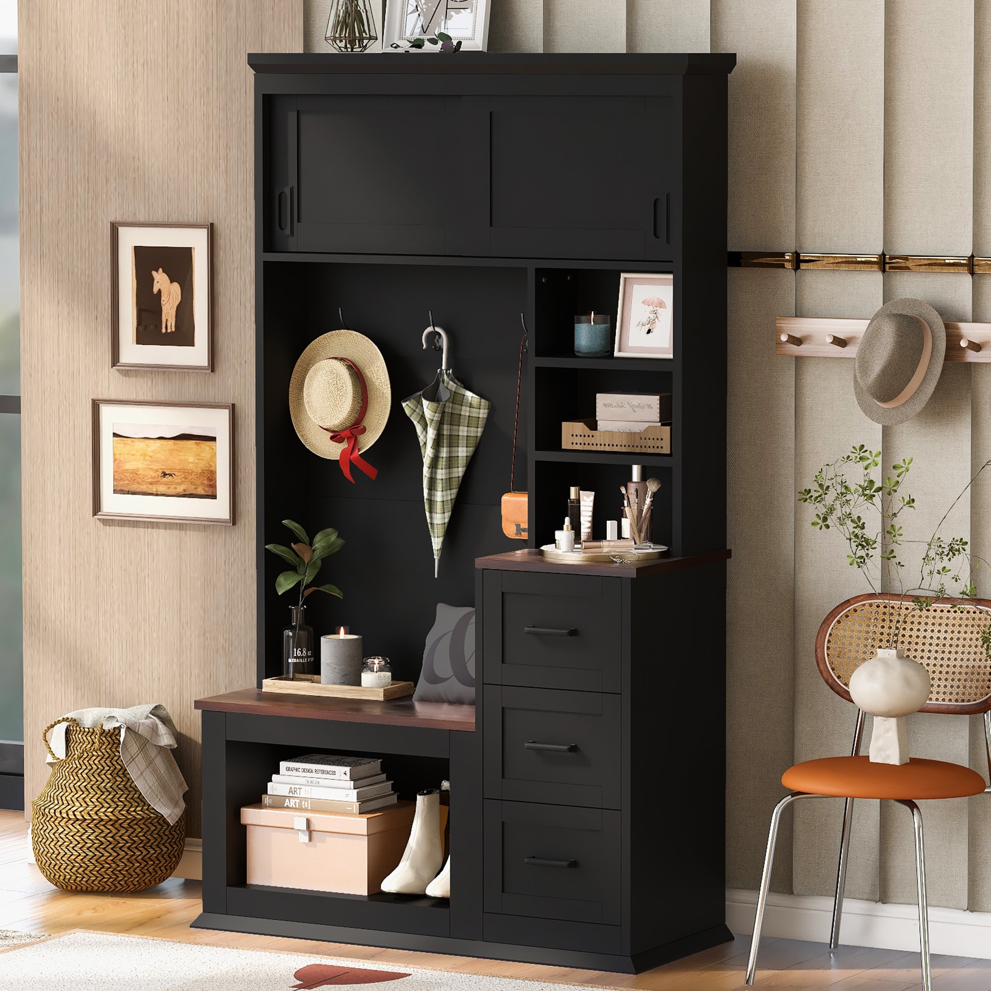 ModernLuxe L3P-N724P264676B Modern Entryway Bench with Coat Rack 3 Shelves and Drawers 3 Sturdy Hooks 40.2inch Wide Hall Tree with Storage Bench for Hallway Entryway Living Room