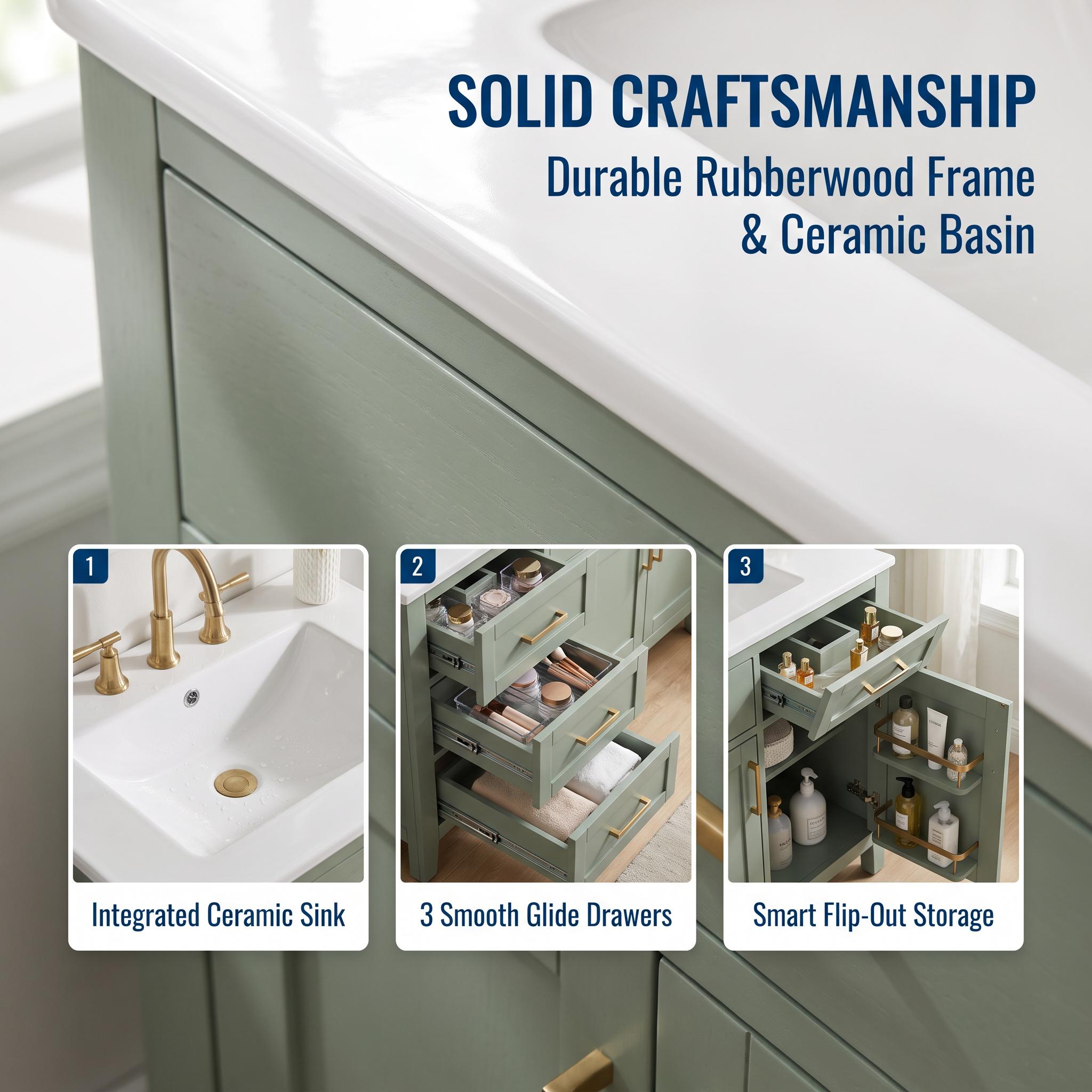 Tenleaf Green Freestanding Bathroom Vanity with Ceramic Sink and ...