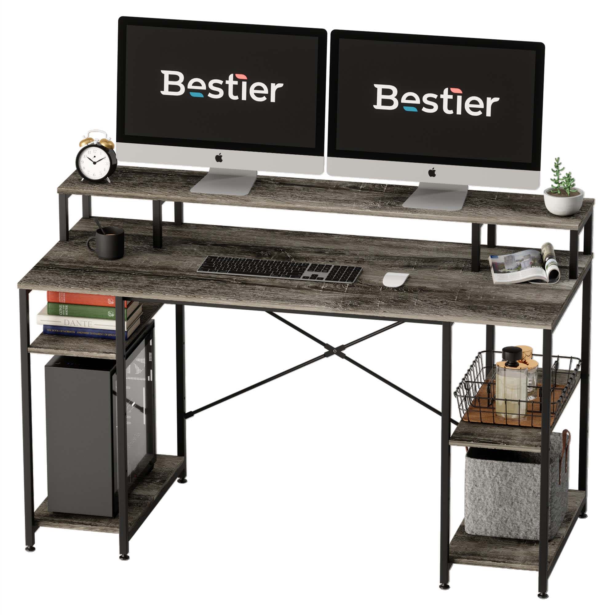 Bestier LOW-D074G-GRY 55.12-in W 4-Shelf Gray Computer Desk