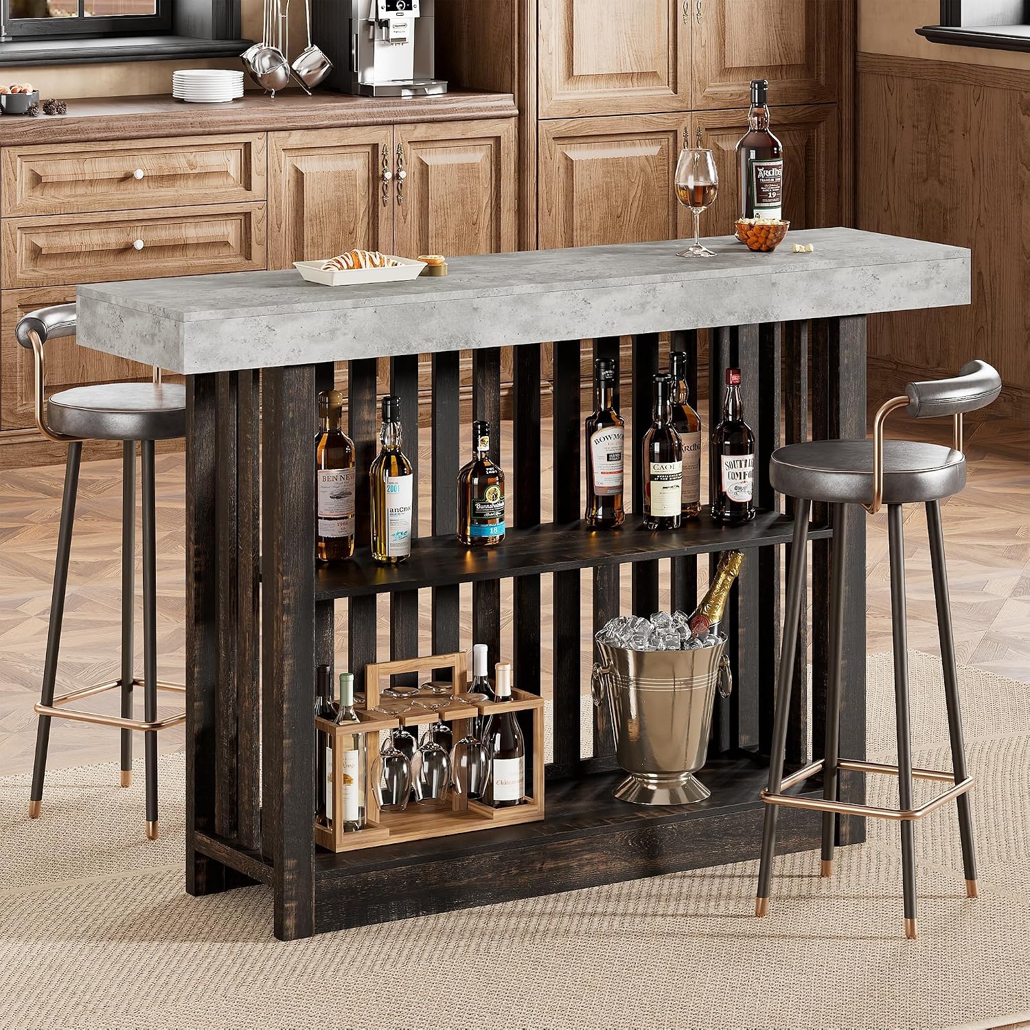 GAOMON Bar Table- for 4-8 People- 63Inch Long Counter Bar Height Pub Table with 2 Tier Storage Shelves- Modern Home Coffee Breakfast Bar Unit for Dining Room- Bistro- Living Room- Gray+Brown