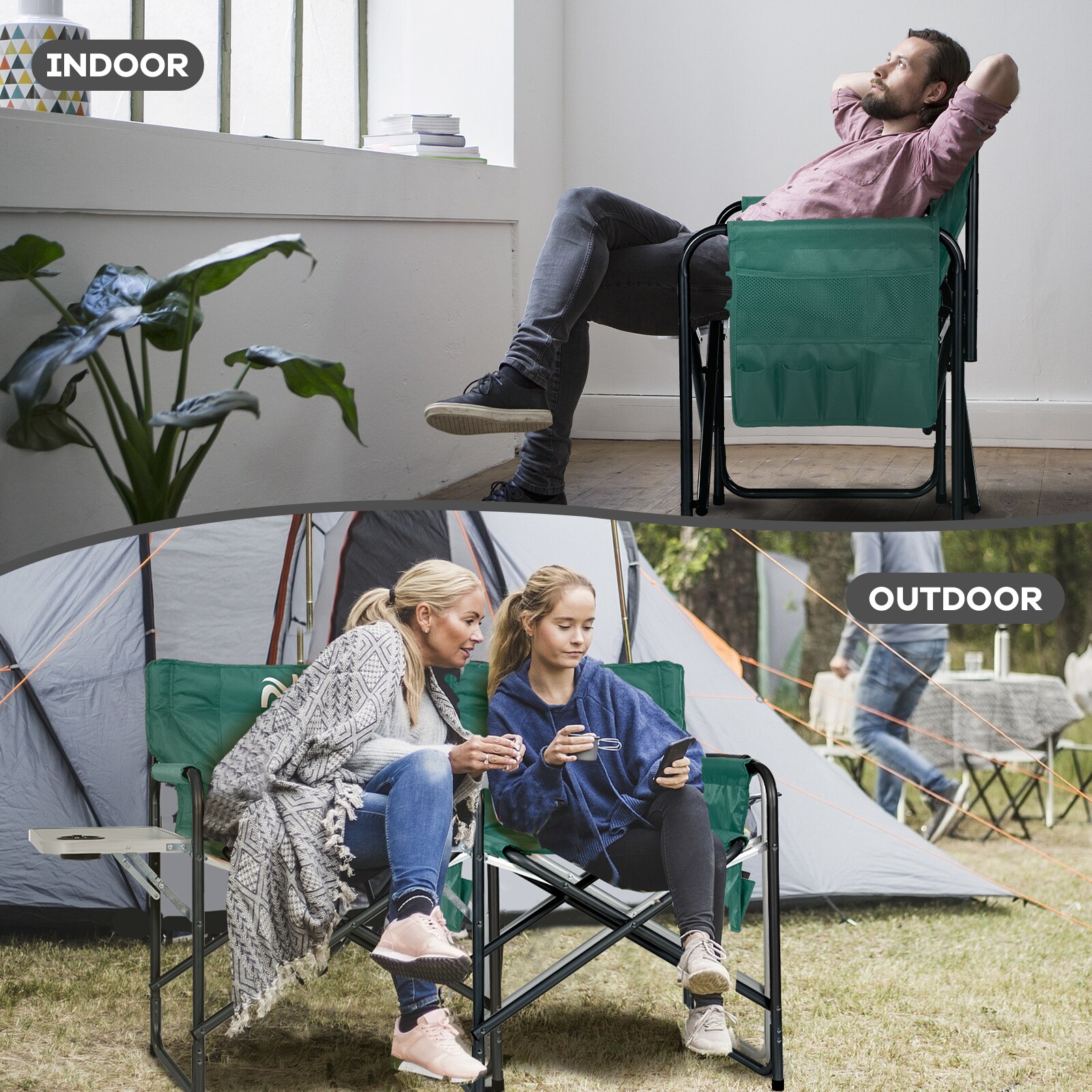 Green Heated Steel Folding Director's Chair with Side Table