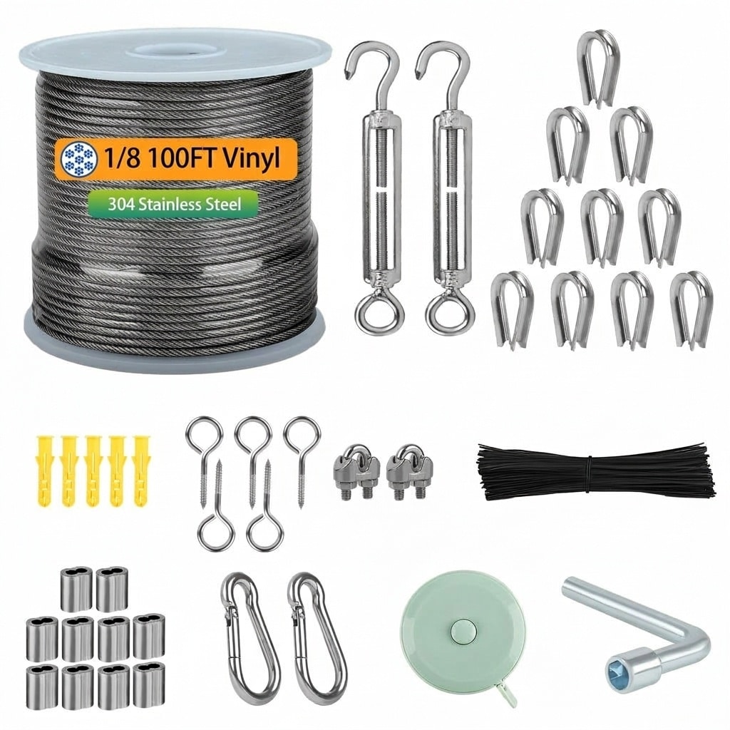 Etokfoks  Stainless Steel Wire Rope Kit 100 ft 1 8 in 304 Vinyl Coated Cable with Thimbles Sleeves Clips Turnbuckles Hooks