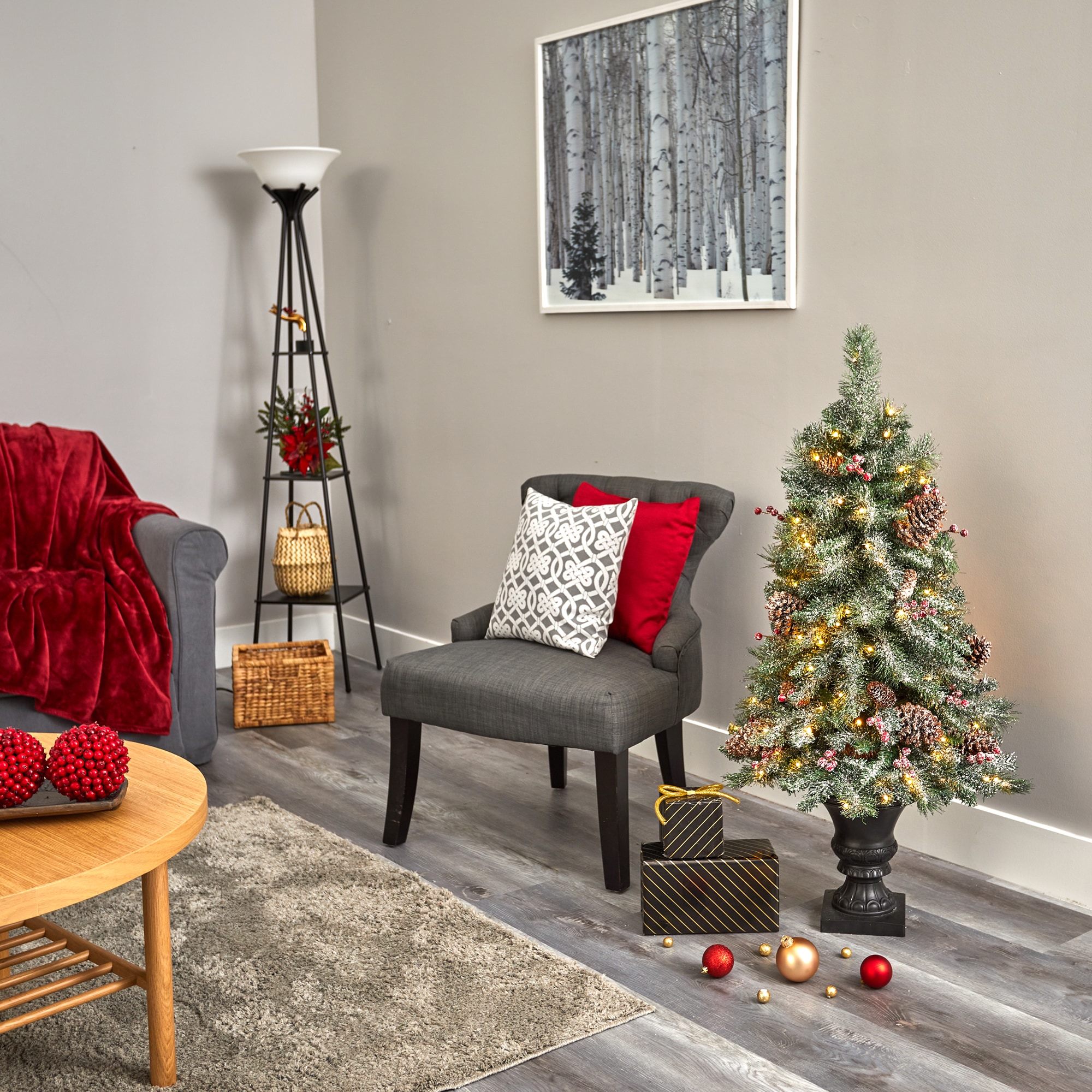 4-Foot Frosted Pine Artificial Christmas Tree with LED Lights in Decorative Urn