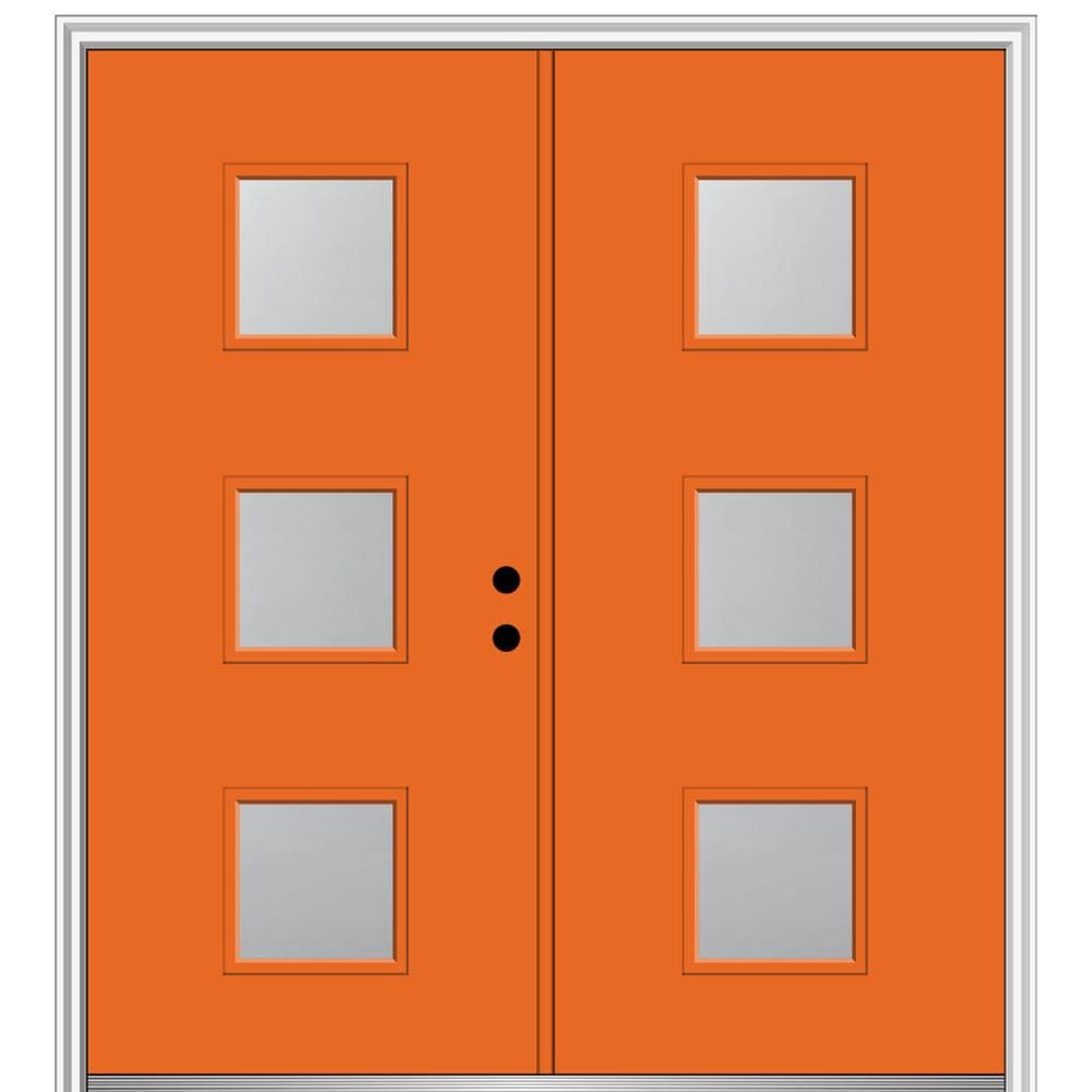 MMI DOOR ZZ347436L Spotlights 64-in x 80-in x 4-9/16-in Fiberglass Pulse lite Left-hand inswing Tangerine Painted Prehung Double Front Door with Brickmould Insulating core