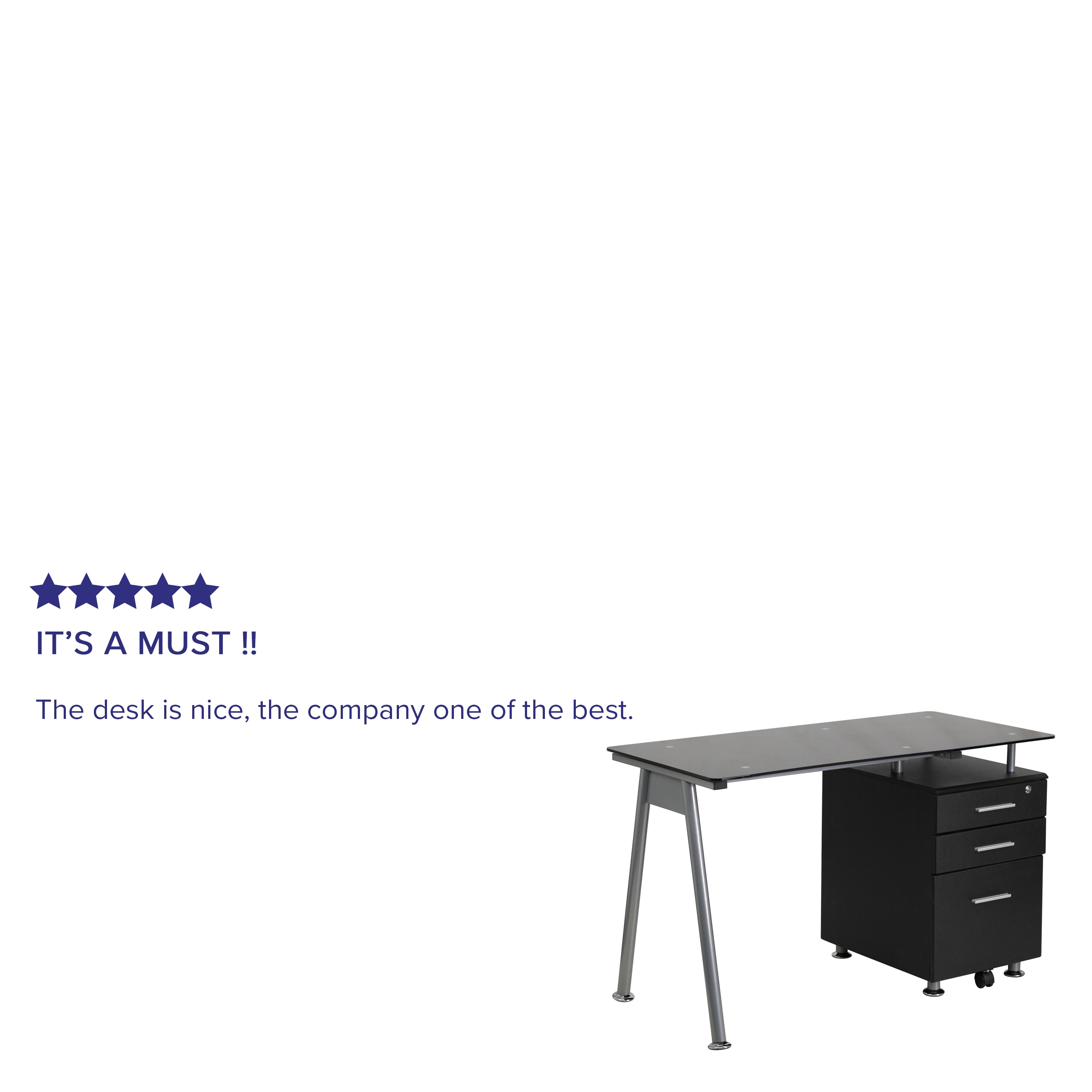 Sleek 48" Black Tempered Glass Computer Desk with File Storage