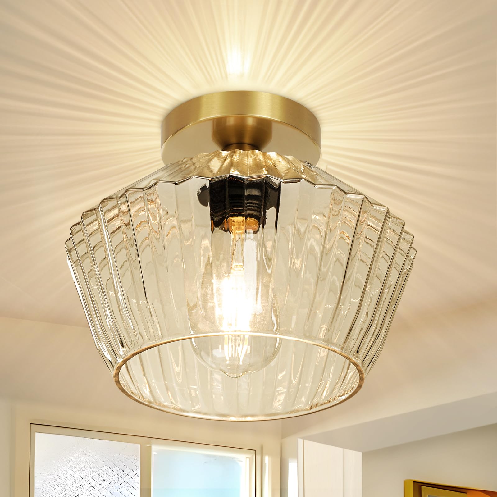 AOIZGMY  Flush Mount Ceiling Light Semi Flush Mount Light Fixture with Textured Glass Shade Brass Gold for Hallway Kitchen and Dining Room