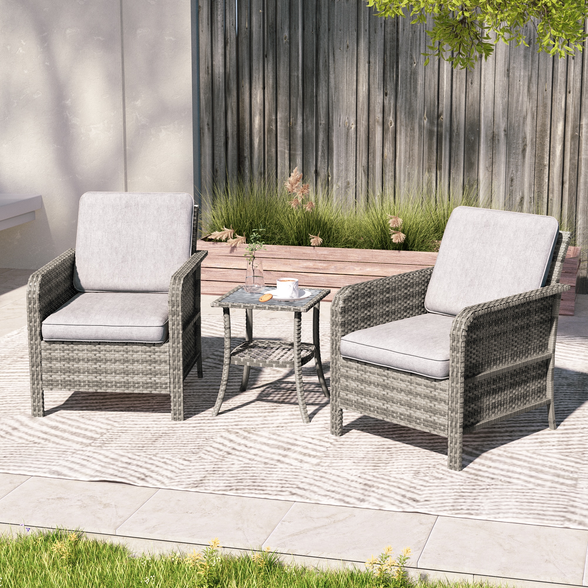 Sonkuki SD-PS-155S2HLY-T2 Patio Conversation Set 3 -Piece Wicker Patio Conversation Set with Gray Cushions