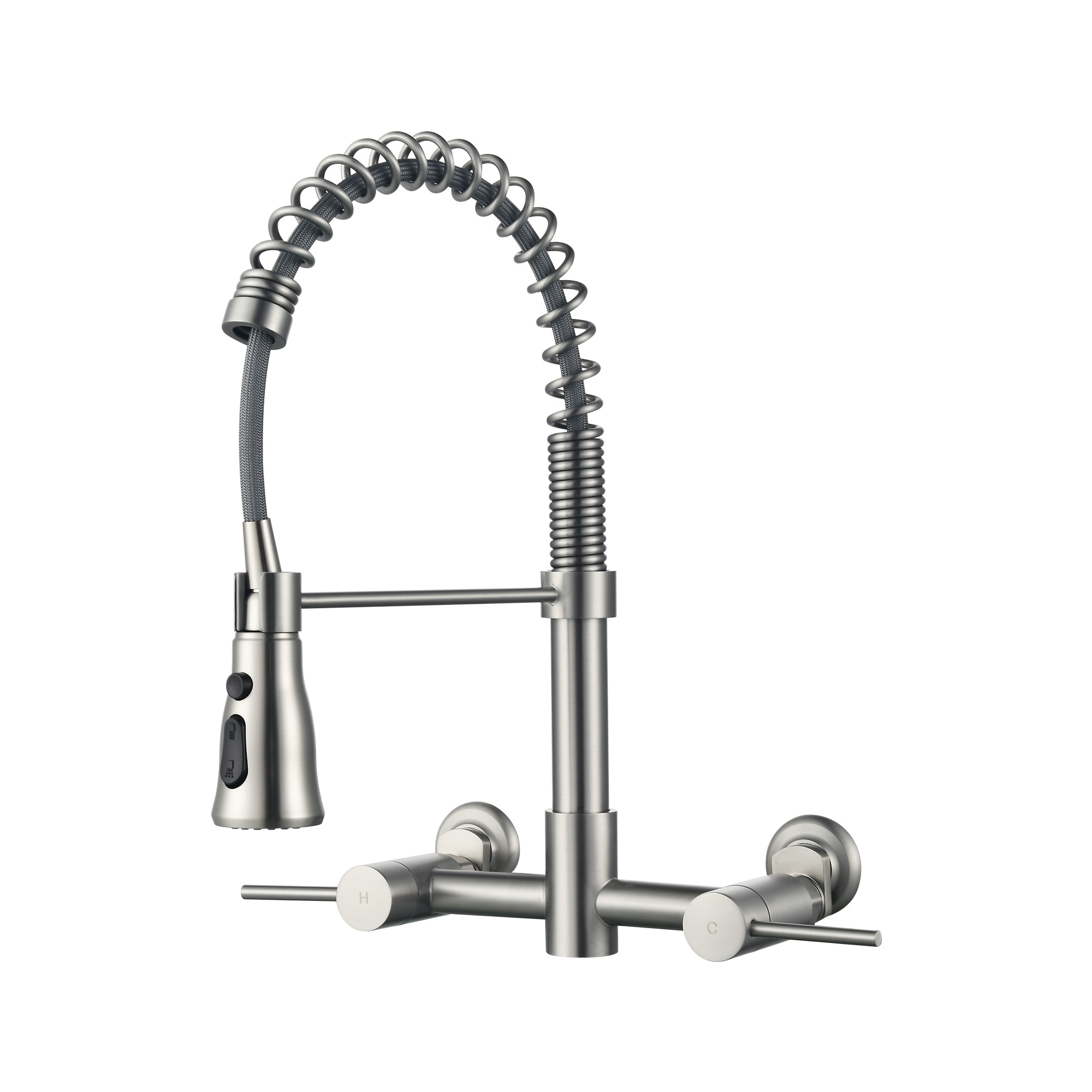 Rainlex Double Handle Wall Mount Pull Down Sprayer Kitchen Faucet in Brushed Nickel
