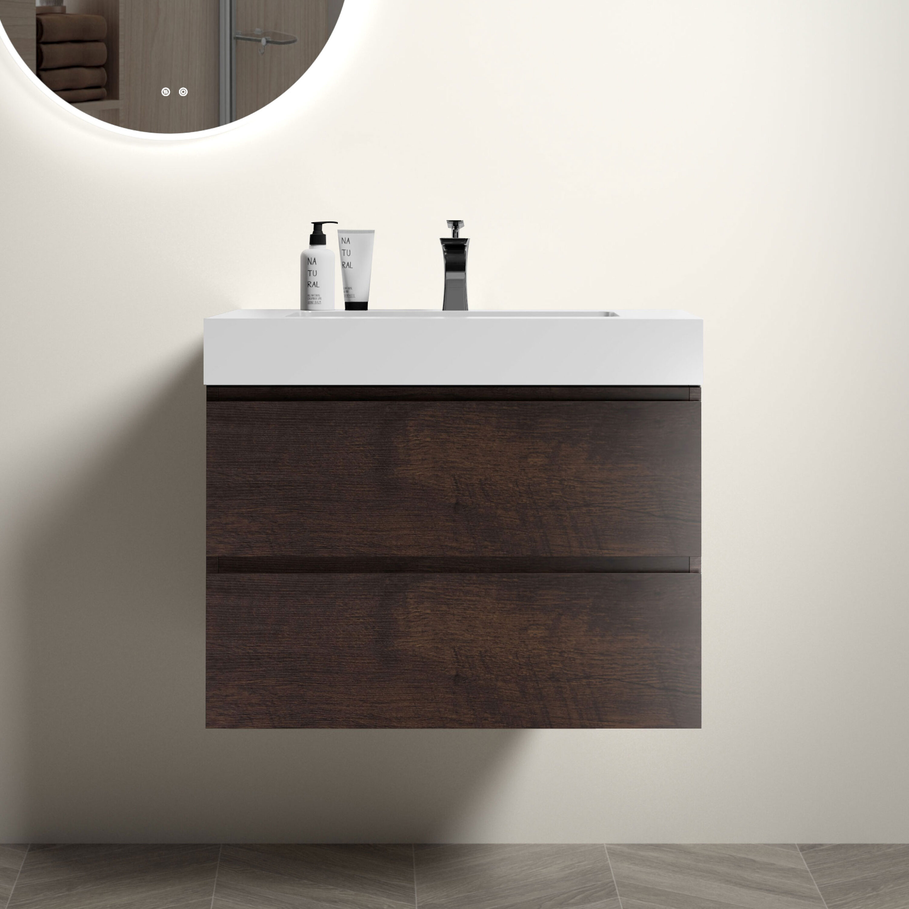 GDFStudio 328568 30 Inches Walnut Bathroom Vanity with Sink Large Storage Wall Mounted Floating Bathroom Vanity for Modern Bathroom One-Piece White Sink Basin without Drain and Faucet Pre-assembled