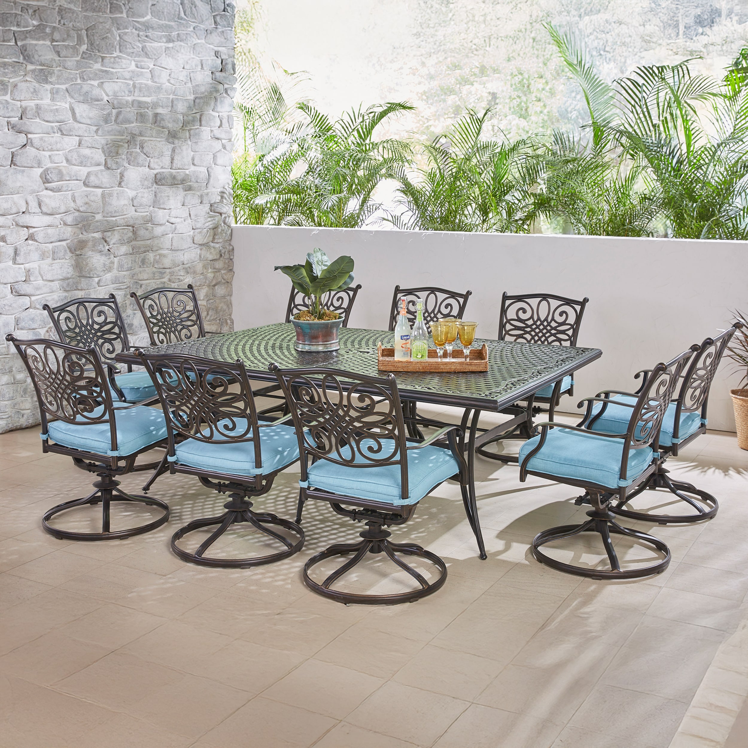 Hanover TRADDN11PCSW10-BLU Traditions 11 -Piece Bronze Patio Dining Set Aluminum Rectangle Table with 10 Blue Cushions Swivel Rocker Chairs