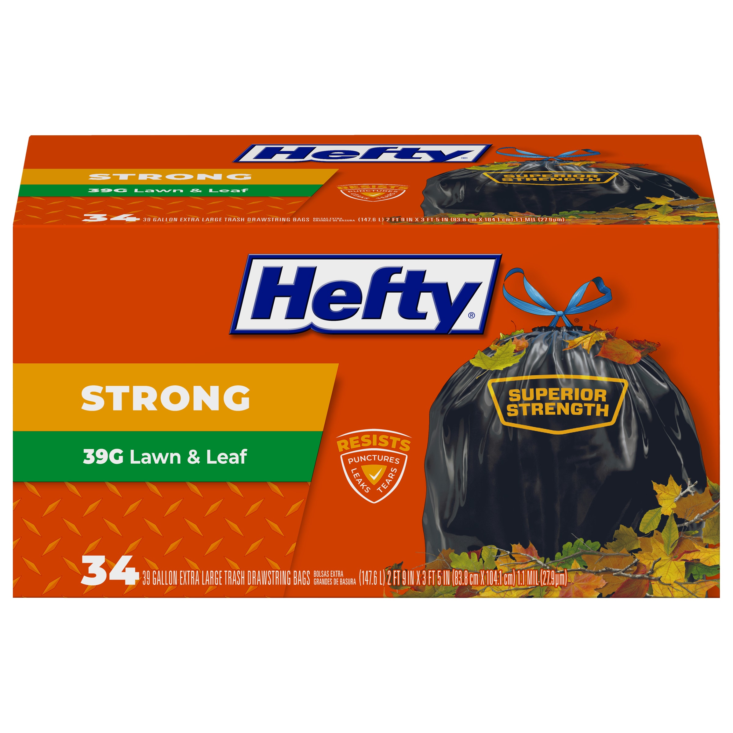 Hefty Strong Trash Drawstring Bags, Lawn & Leaf, Extra Large, 39 Gallon - 34 bags