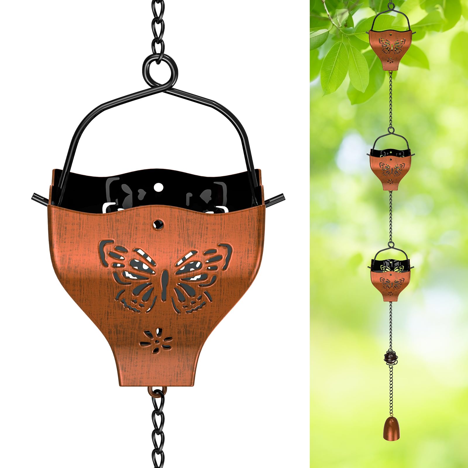 AOIZGMY  Rain Chains for Outside 8 Cup Copper Plated Lotus Adjustable Rain Catcher Chain with Bell for Eaves Drainage Butterfly Retro Green 1 Set
