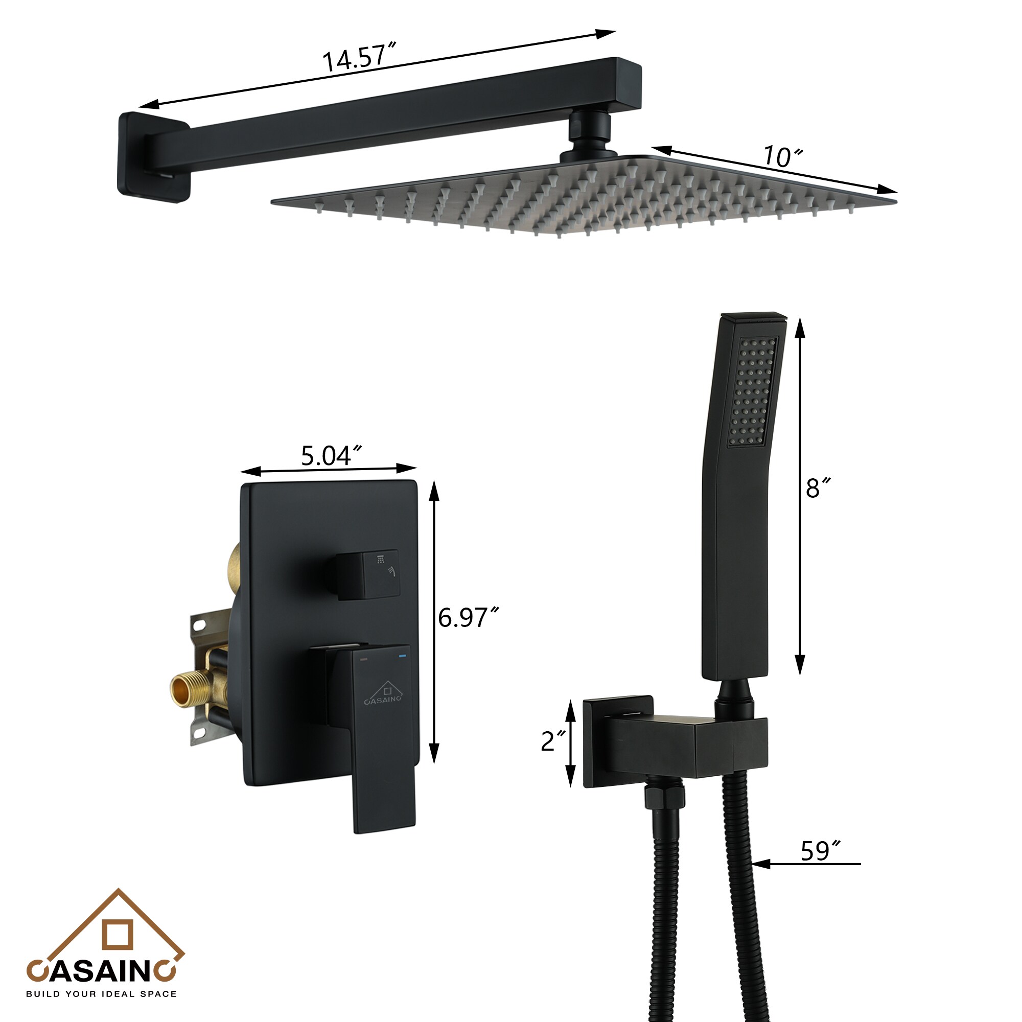 CASAINC Shower System Matte Black Waterfall Built-In Shower Faucet ...