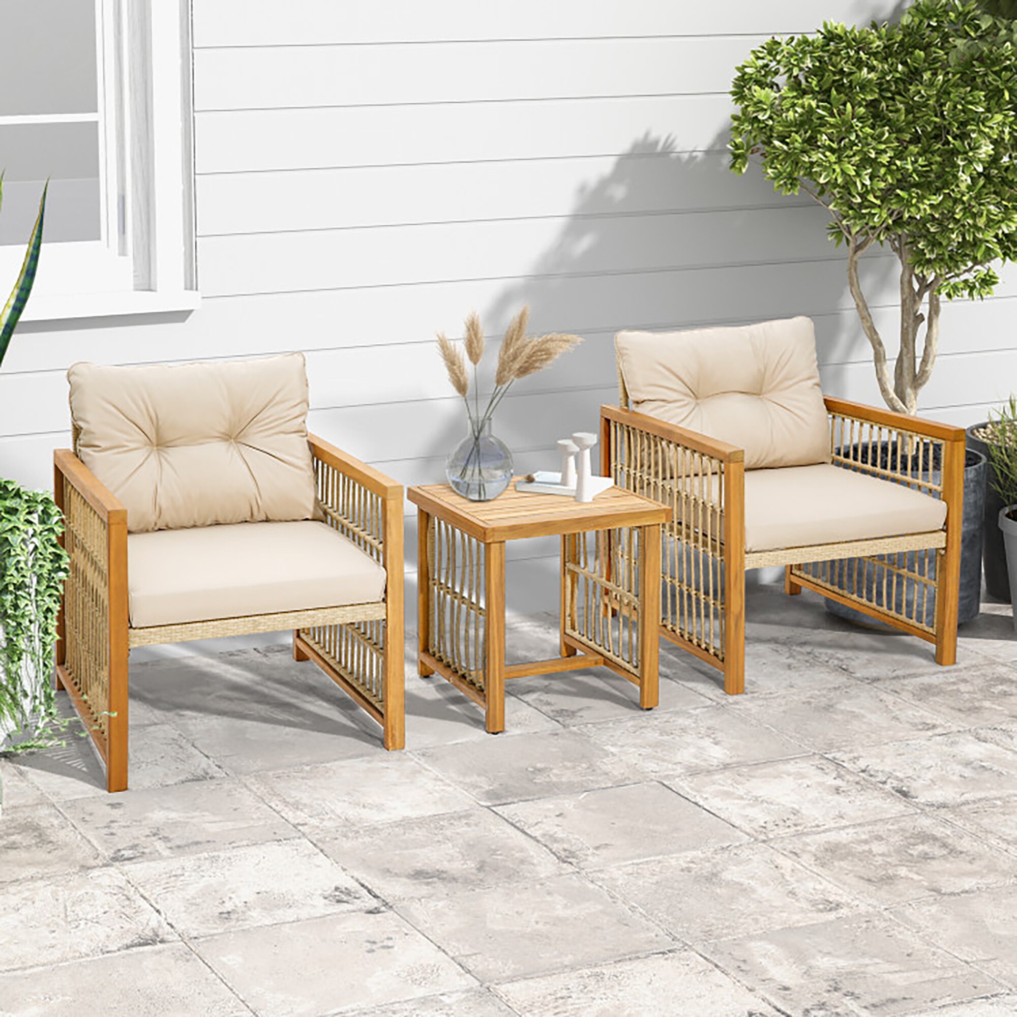 Forclover ALW37-OR 3 -Piece Wicker Patio Conversation Set with Brown Cushions