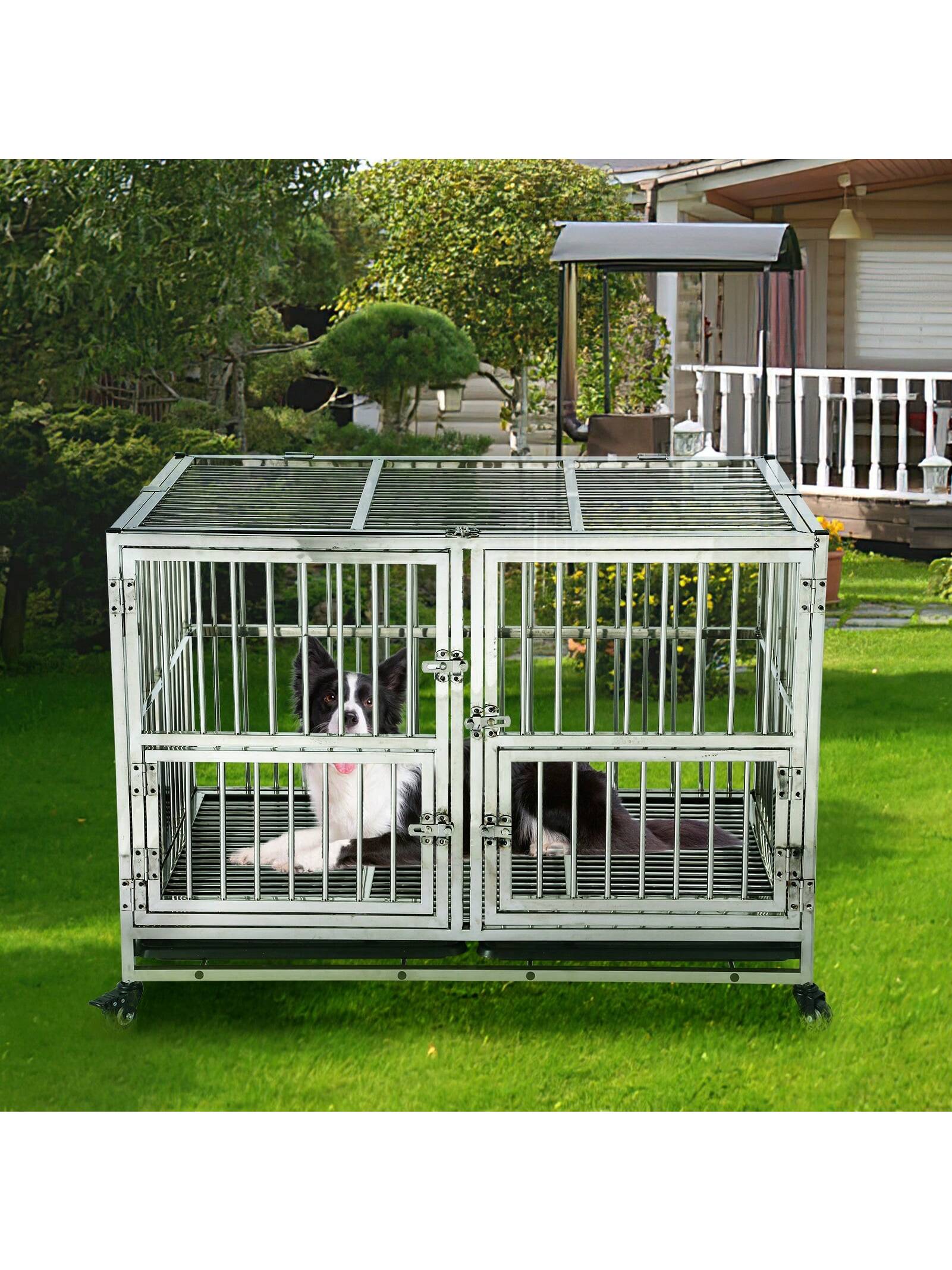 Qeetex 48 inch Dog Crate Heavy Duty Cage Kennel With Wheels Full Stainless Steel High Anxiety Indestructible Dog Crate Sturdy Locks Design Double Door Small Door Design and Removable Tray Design