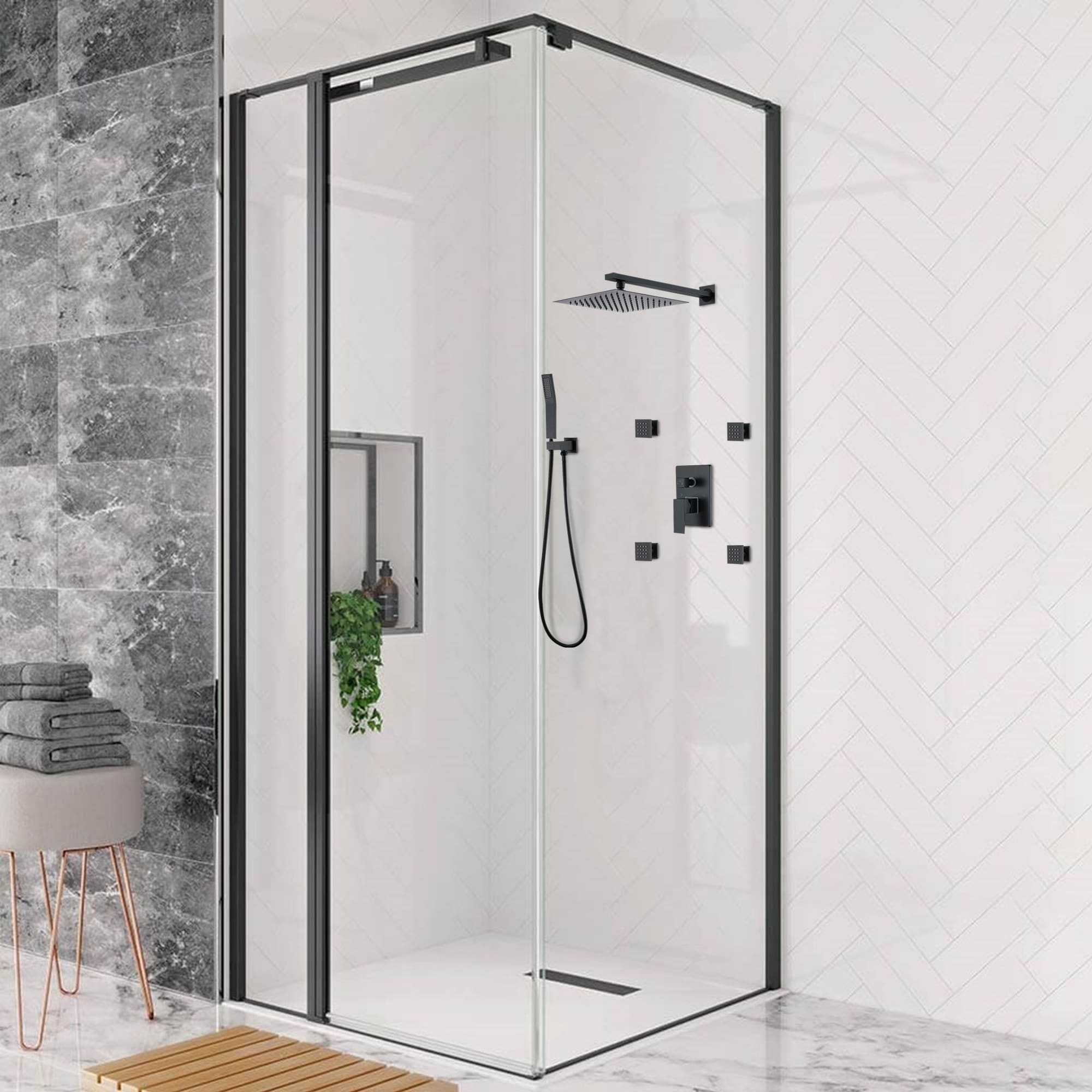 WELLFOR ZC Matte Black 10-in Waterfall Dual Head Built-In Shower Faucet ...