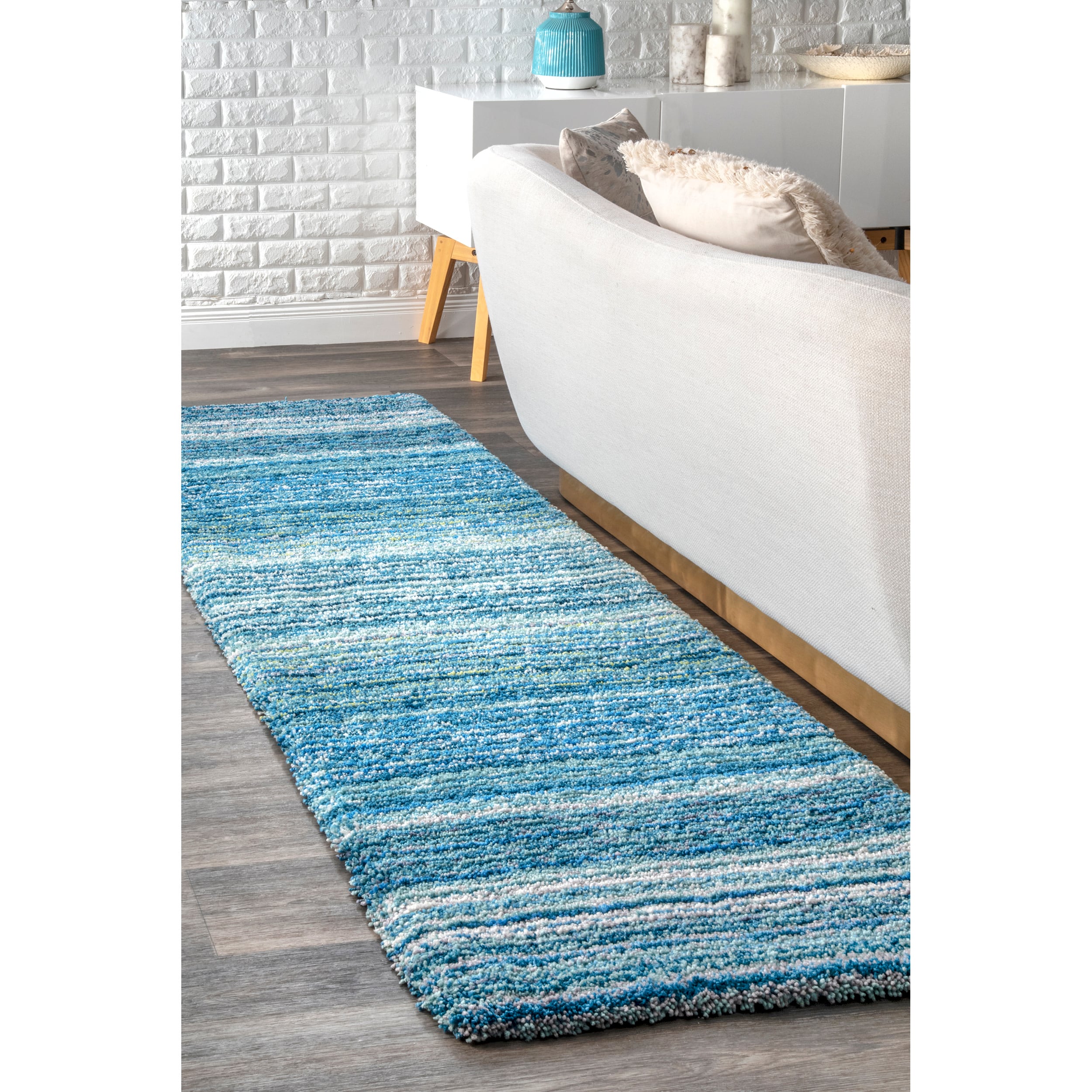 Sky Blue Striped Synthetic Tufted Shag Runner Rug
