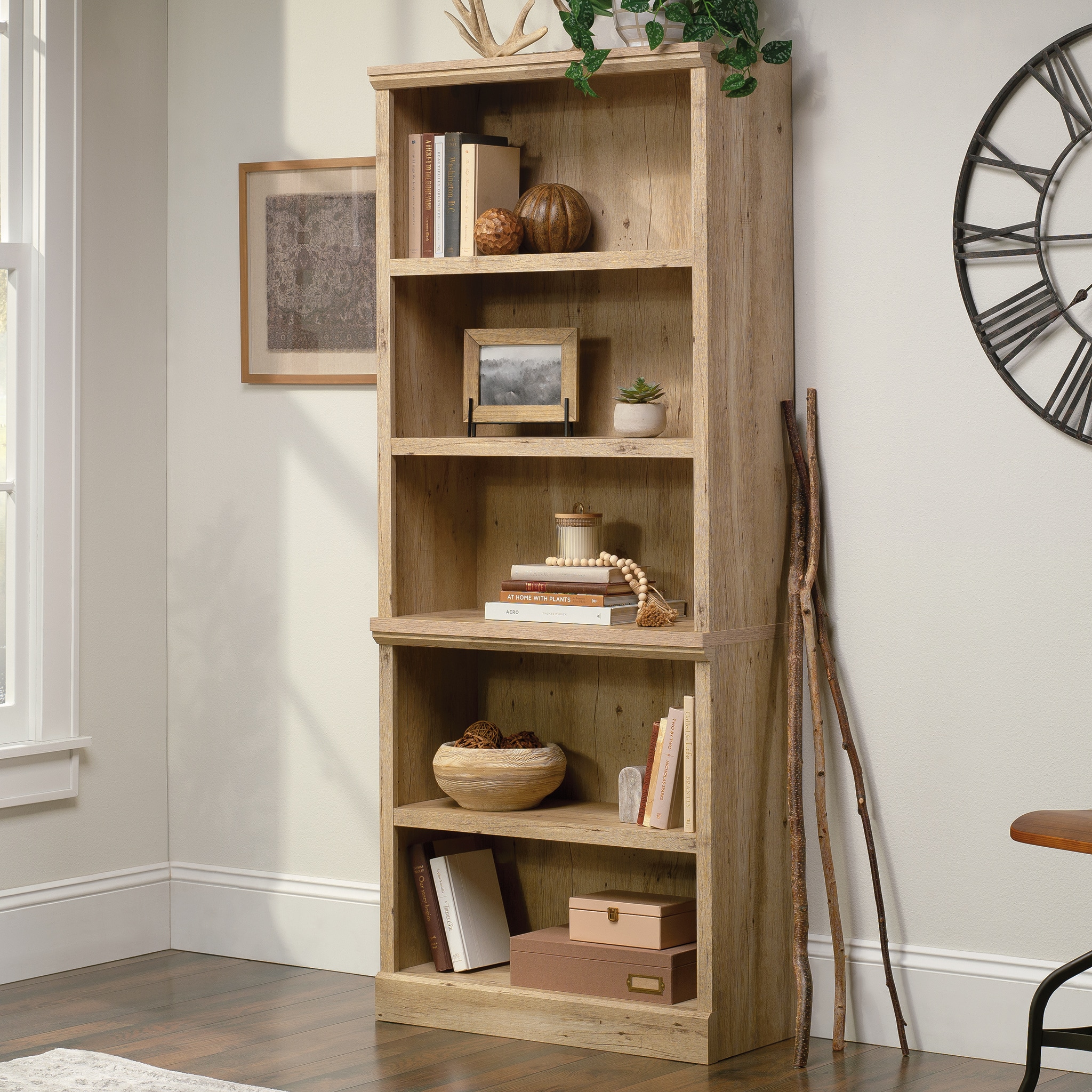 Sauder 433963 Prime Oak Particleboard 5 -Shelf Bookcase ( 29.291-in W x 70.866-in H x 12.52-in D ) Finished
