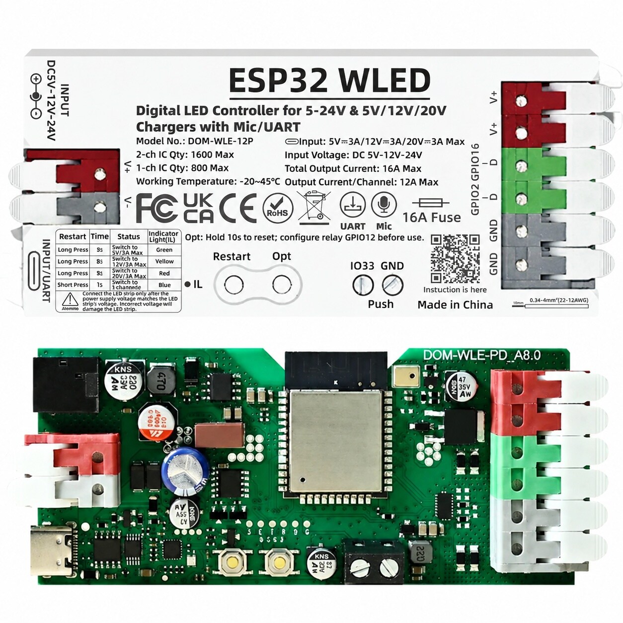 Misopily ESP32 WLED Controller with 16A Fuse for 5V-24V LED Strip ...