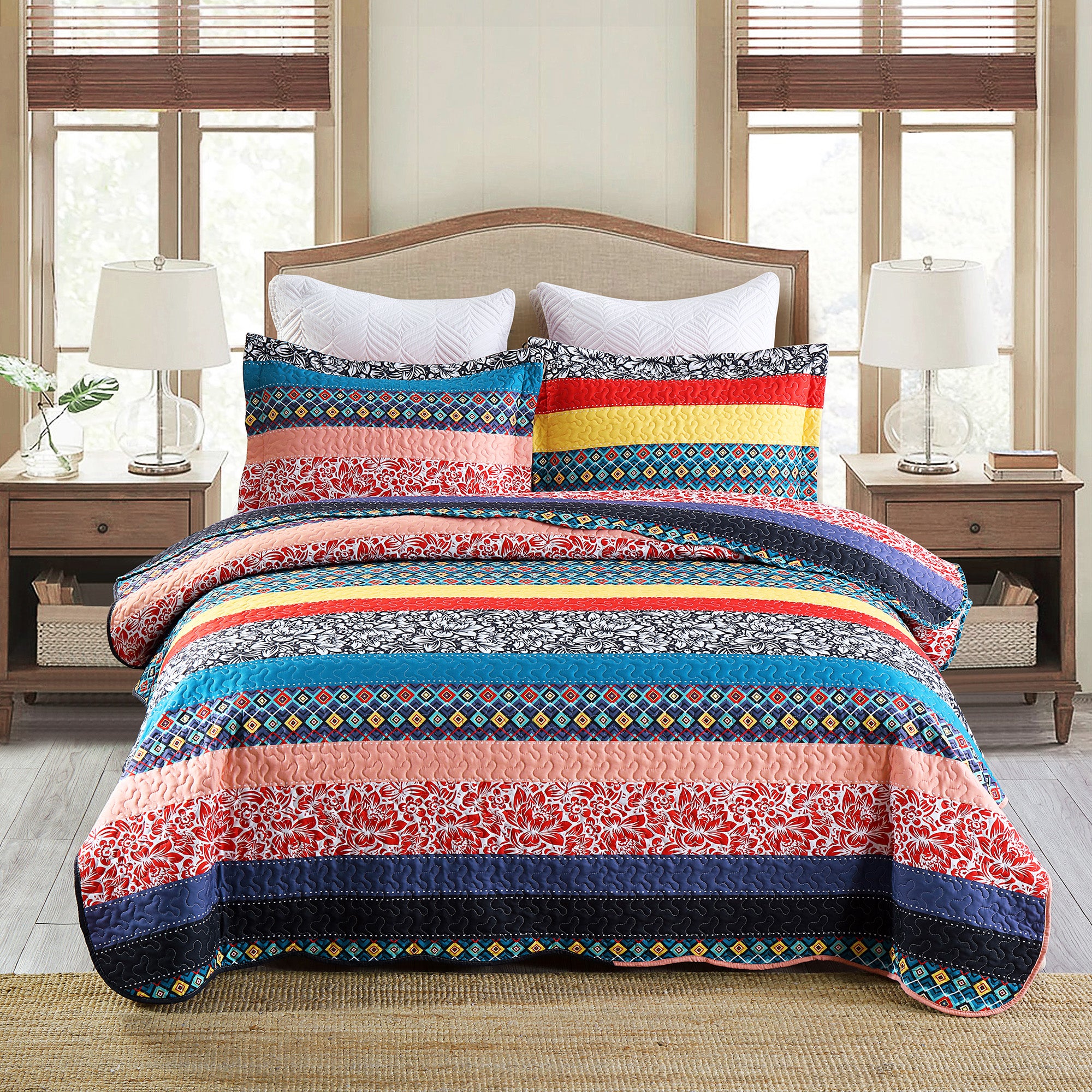 MarCielo BY221 K Soft Polyester 3 Pcs Bohemian Striped Multicolor Quilt Bedspread Set