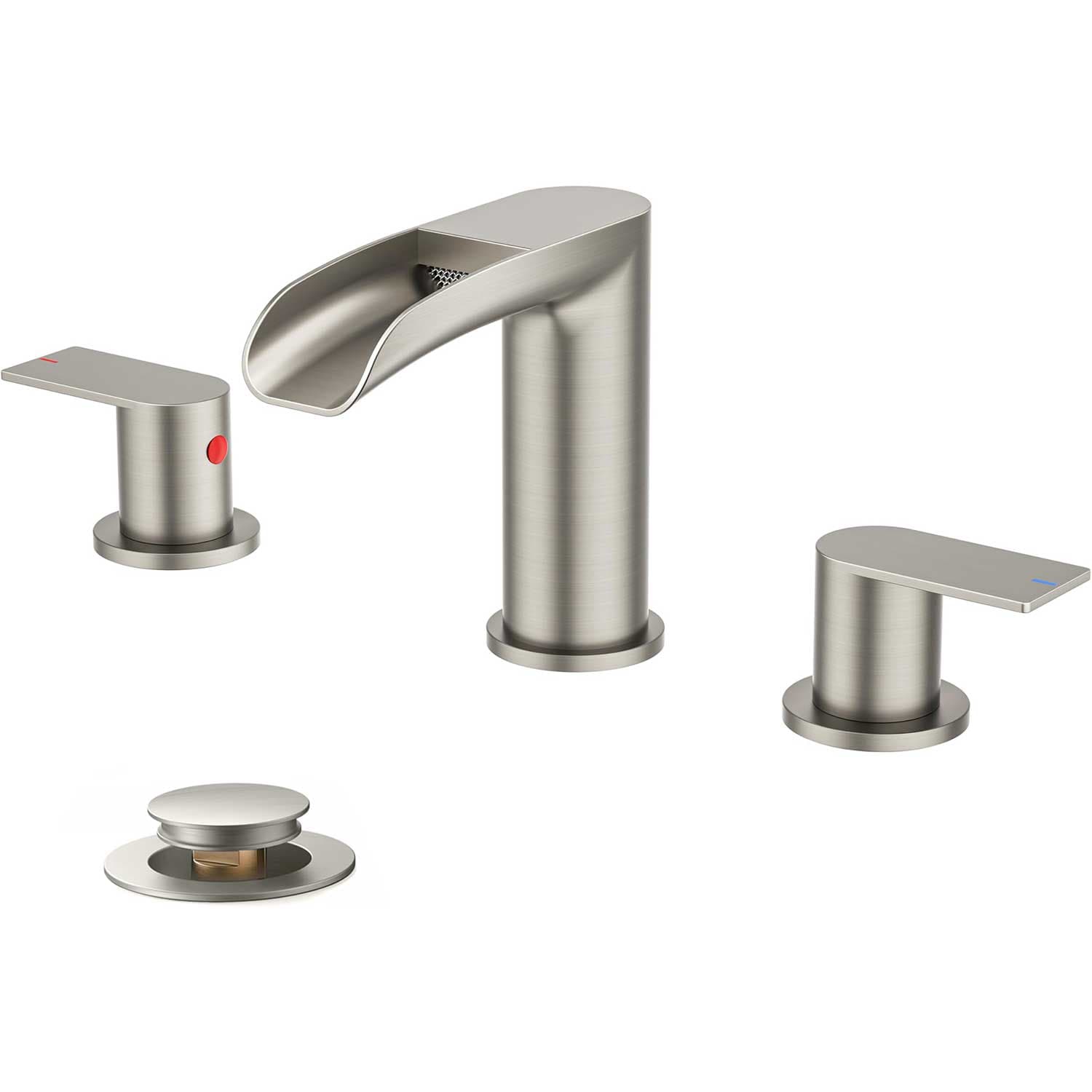 Aoibox  8 Inch Widespread 3 Hole Waterfall Bathroom Sink Faucet with Dual Handle Pop Up Drain and 24 Inch Water Supply Brushed Nickel 1 Set