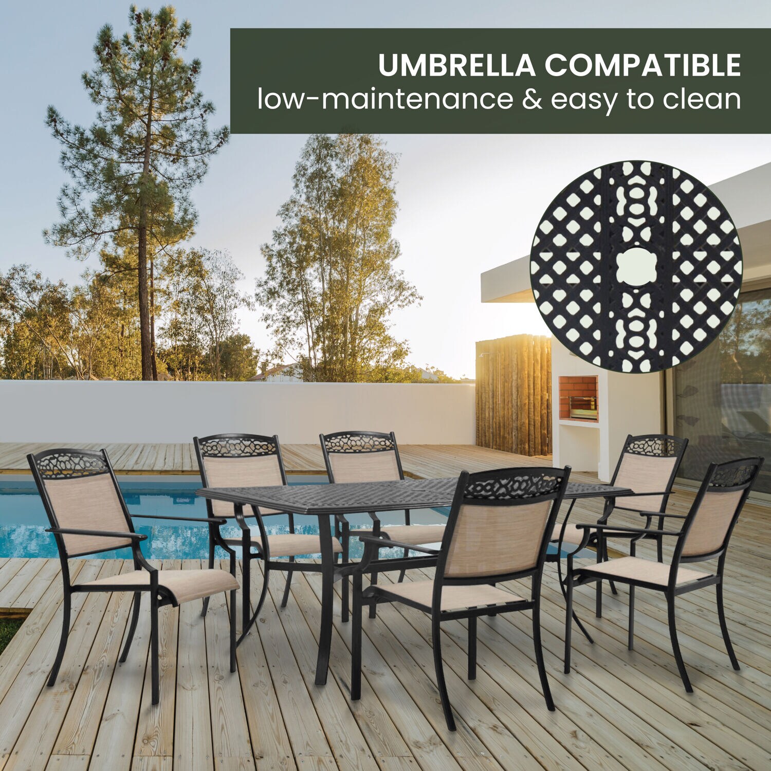 Elegant Rustic 7-Piece Outdoor Dining Set with Cast-Top Table and Sling Chairs