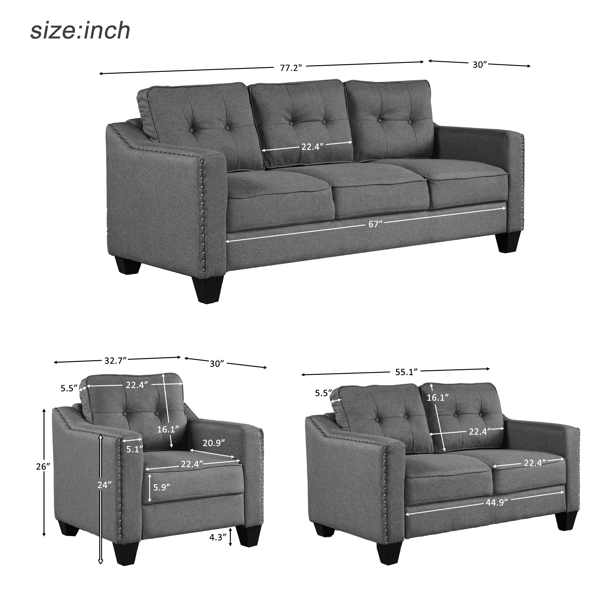 CASAINC Grey 3-Piece Sectional Modern Living Room Elegant Sofa Set 82.7 ...