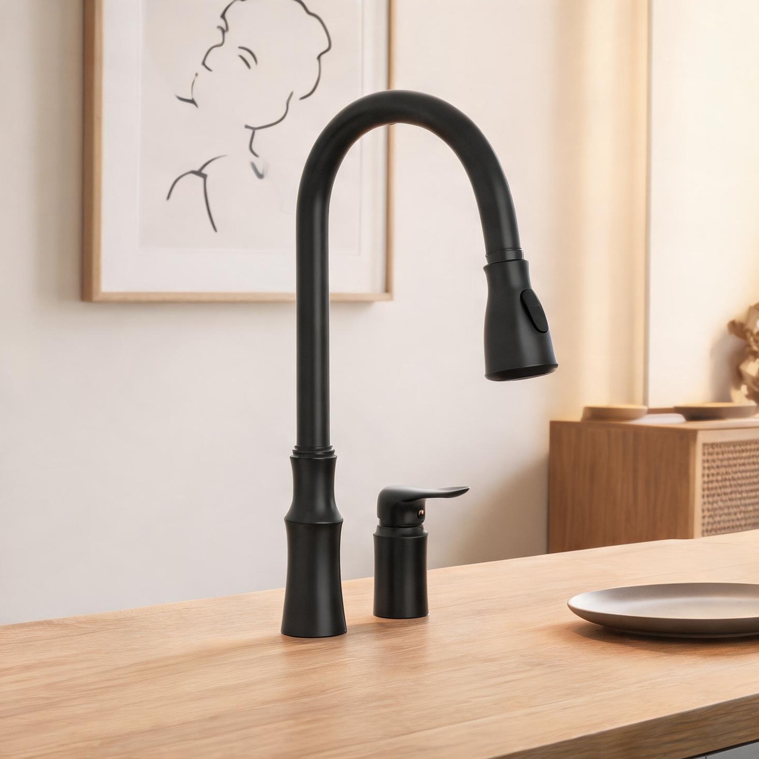 Naturefalls Matte black single-hole pull-down kitchen faucet with 360 swivel spout and dual-function sprayer