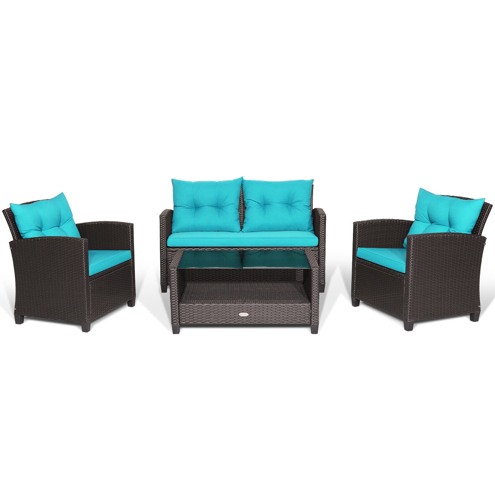 Slickblue D-CO-+UT24766WH 4-Piece Rattan Patio Conversation Set with Mix Brown Frame and Turquoise Cushions Including Loveseat Two Sofas and 2-Tier Tempered Glass Coffee Table for Patios Backyards or Balconies