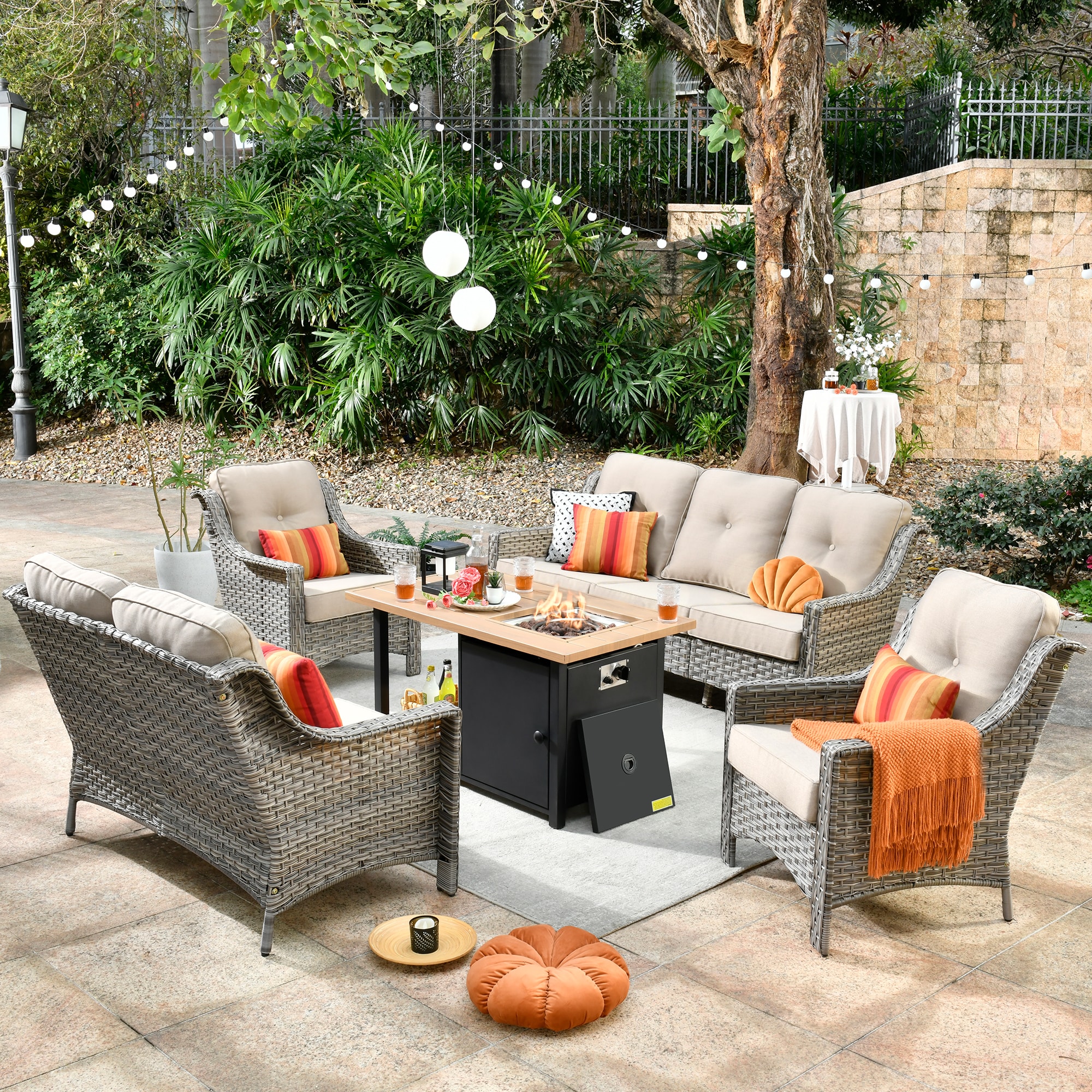 Pouuin SDFPAD605 5 -Piece Wicker Patio Sofa Conversation Set with Off-white Cushions