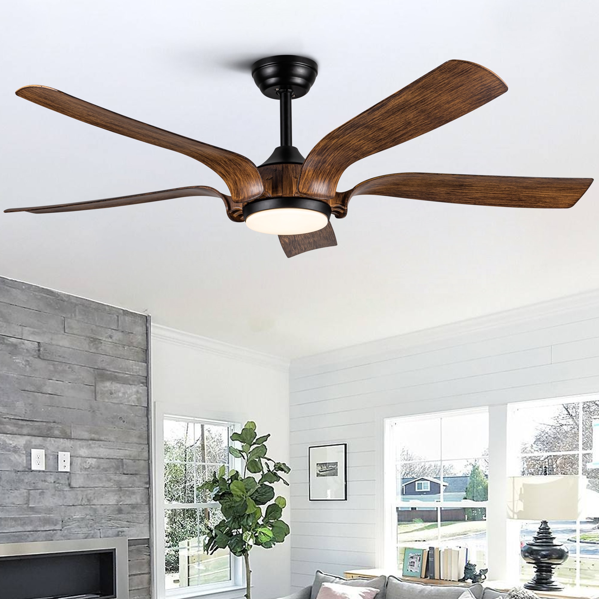 BABOOM BOM-P222517-OR 56-in Color-Changing Integrated LED Smart Matte Black with Brown Blades Ceiling Fan With Light - Remote Included ( 5 -Blade )