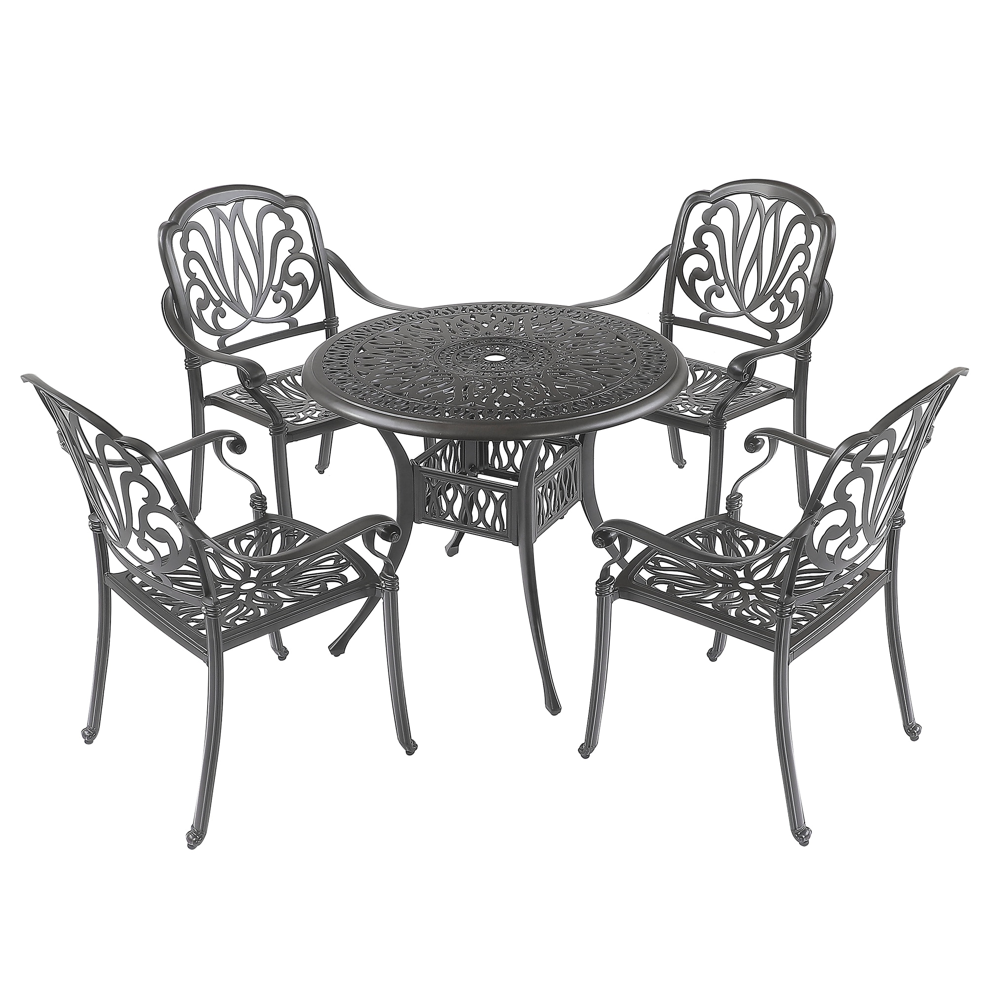 EXTRAUP patio dining set 5 -Piece Black Woven Patio Dining Set Aluminum Round Table with 4 Stackable Stationary Chairs and Umbrella Included