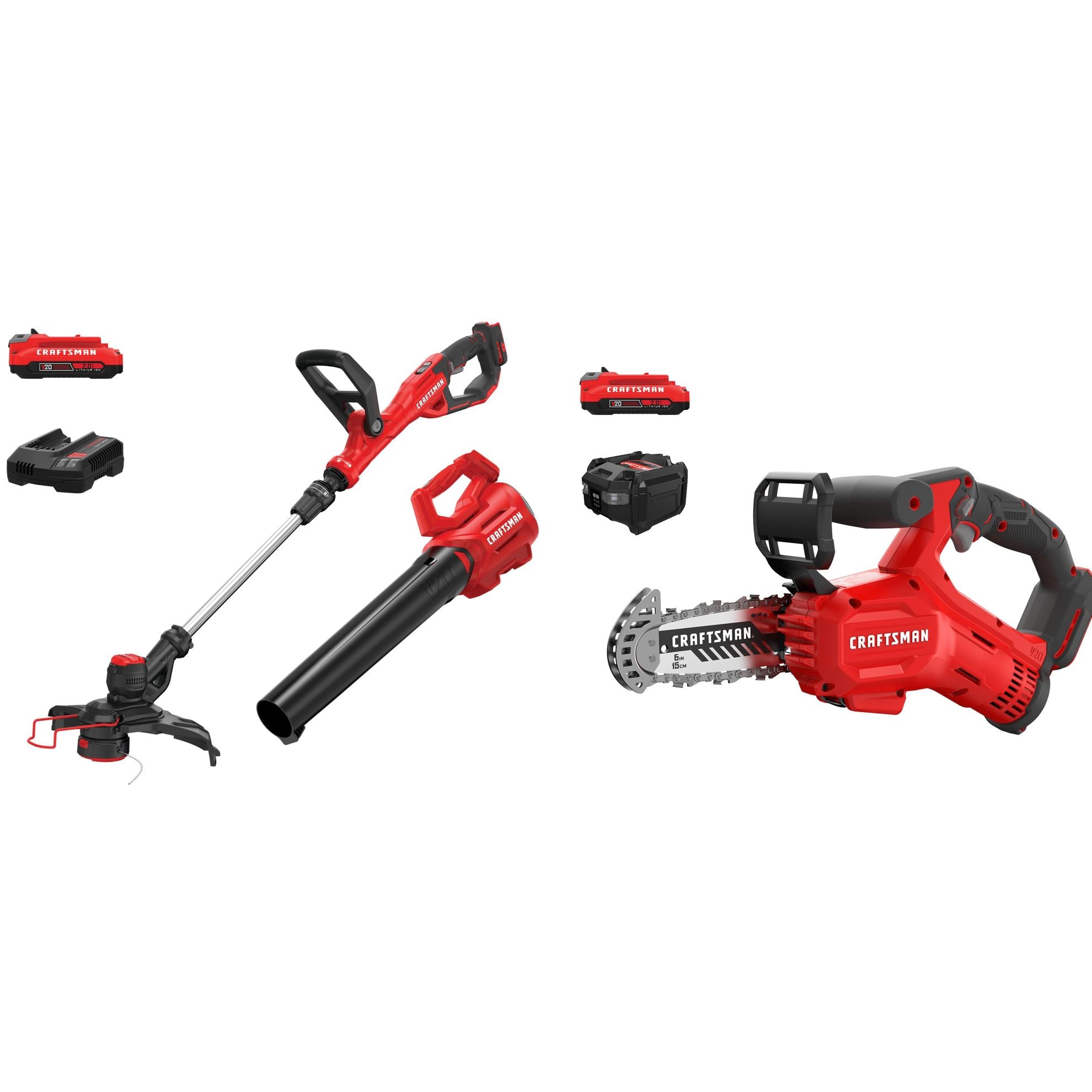 CRAFTSMAN V20 String Trimmer, Leaf Blower, and 6-in Chainsaw Combo Kit (2 2.0 Ah Batteries & 2 Chargers Included)