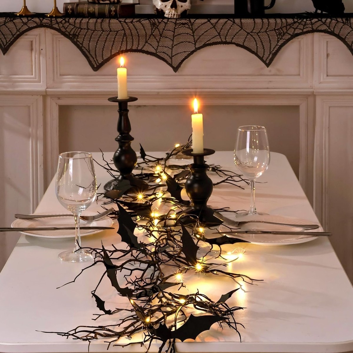 ZXQJRAQ 2 Pack Gothic Halloween Bat Garland with LED Lights Black Twig