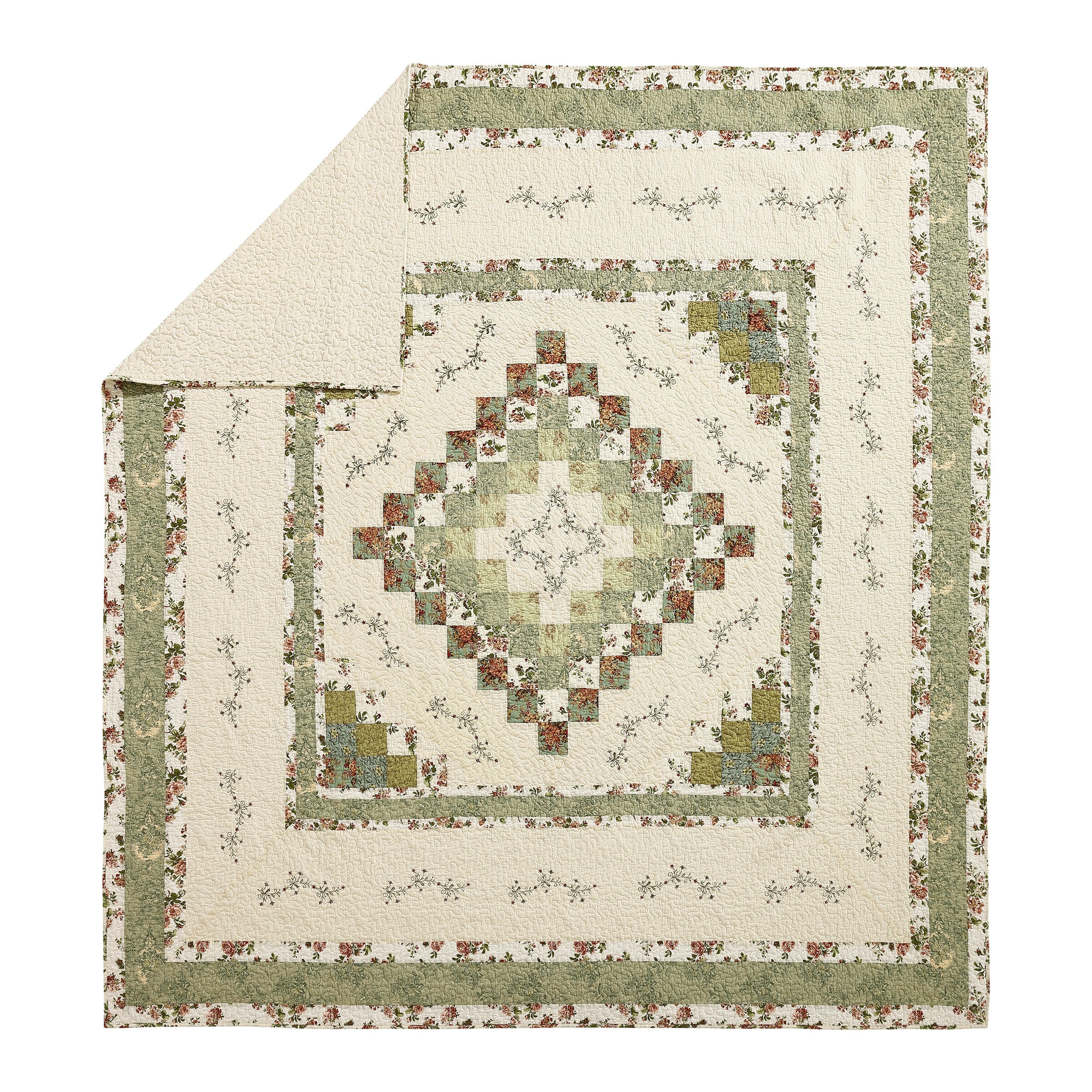 Olivia Green Floral Cotton Full Quilt Set