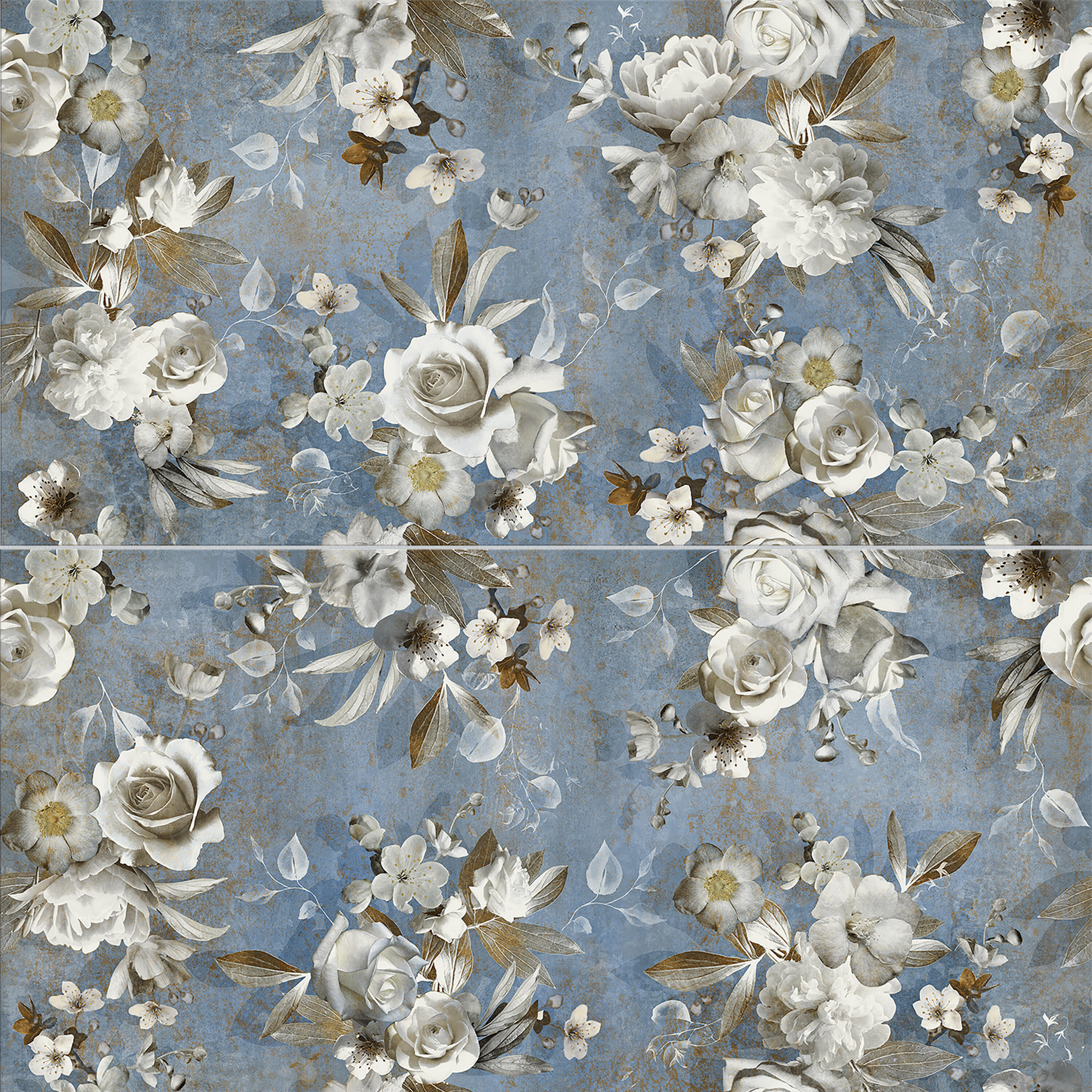 Parete Setoso Large Blue and White Glazed Porcelain Floral Tile