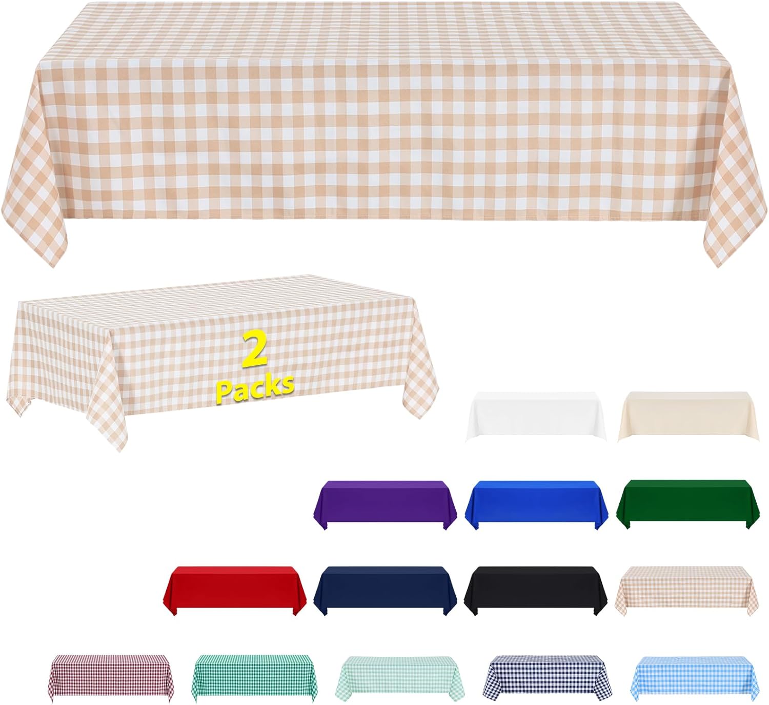 ABCCANOPY ABC-DQ845-2NH 2 Pack Rectangle Tablecloth 90 x 132 Inch Stain Resistant Washable Heavy Duty Polyester Indoor Outdoor Table Cover Khaki and White