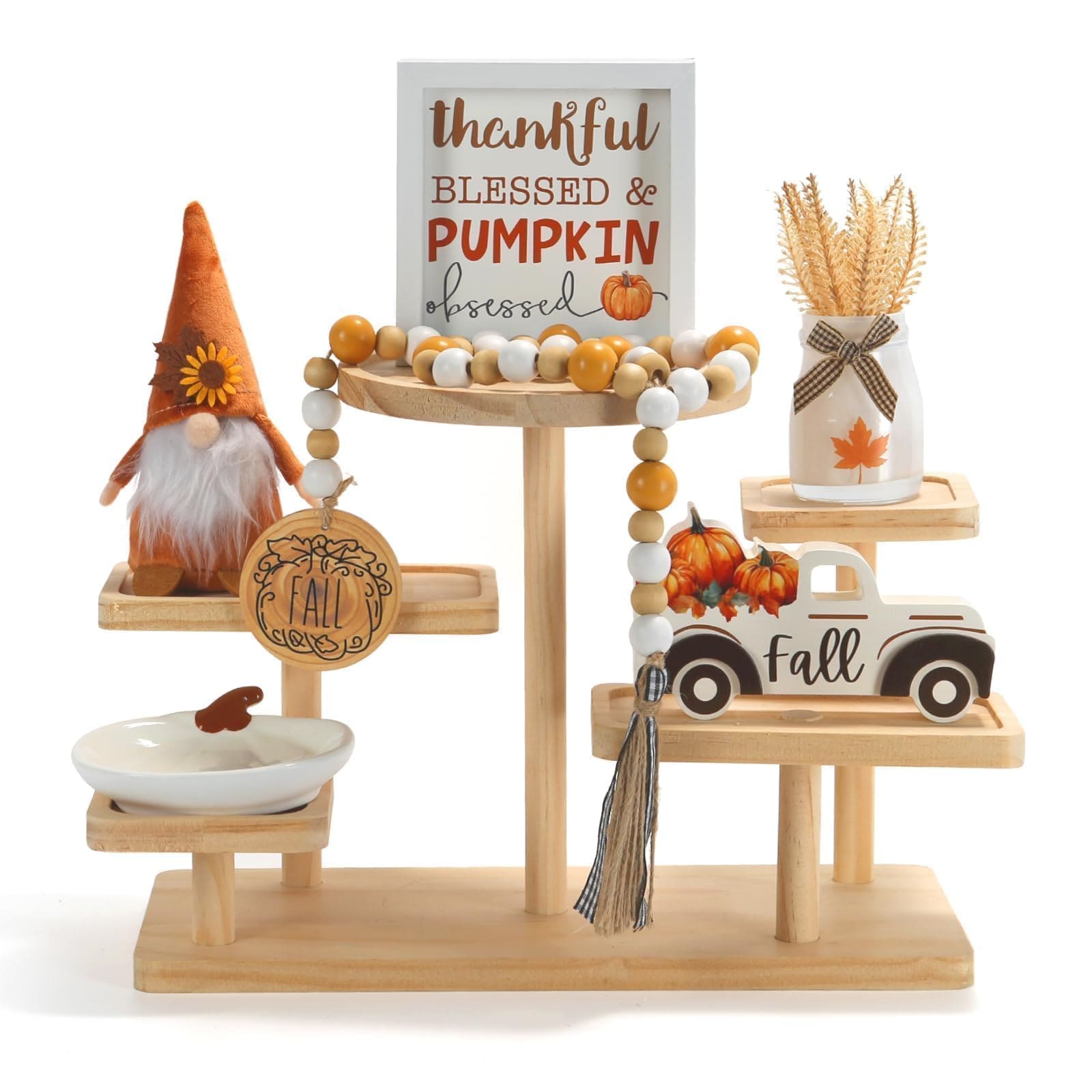 KIWDZFU  Fall Tiered Tray Decor Set 6 Pieces Wooden Thanksgiving Decorations for Home Autumn Table Centerpieces Pumpkin Farmhouse Wood Signs