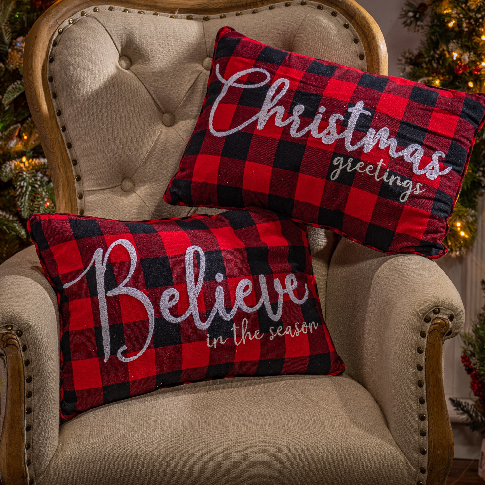 Buffalo Plaid Red and Black Embroidered Holiday Pillow Set