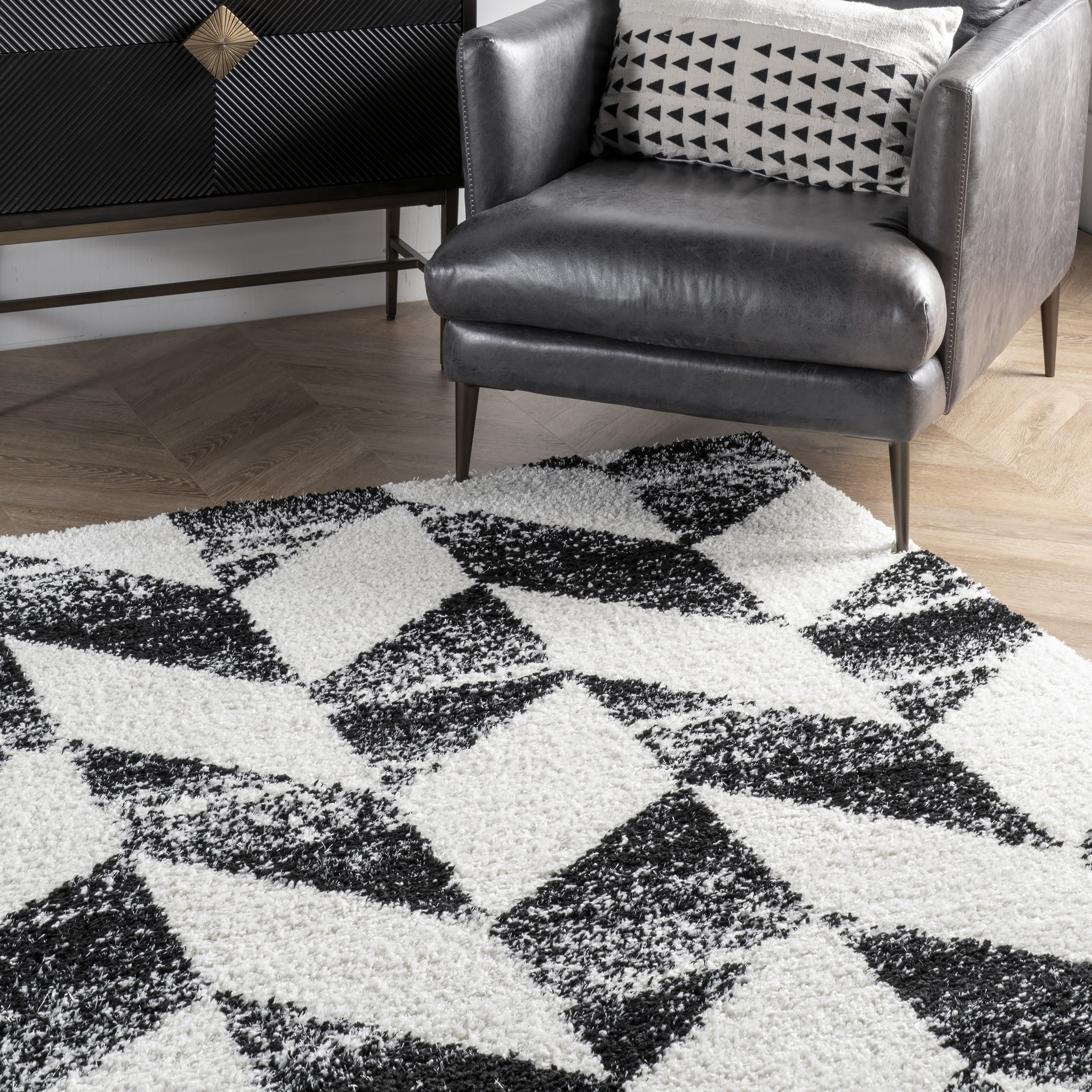 Elysian Herringbone 9' x 12' Black and White Shag Area Rug