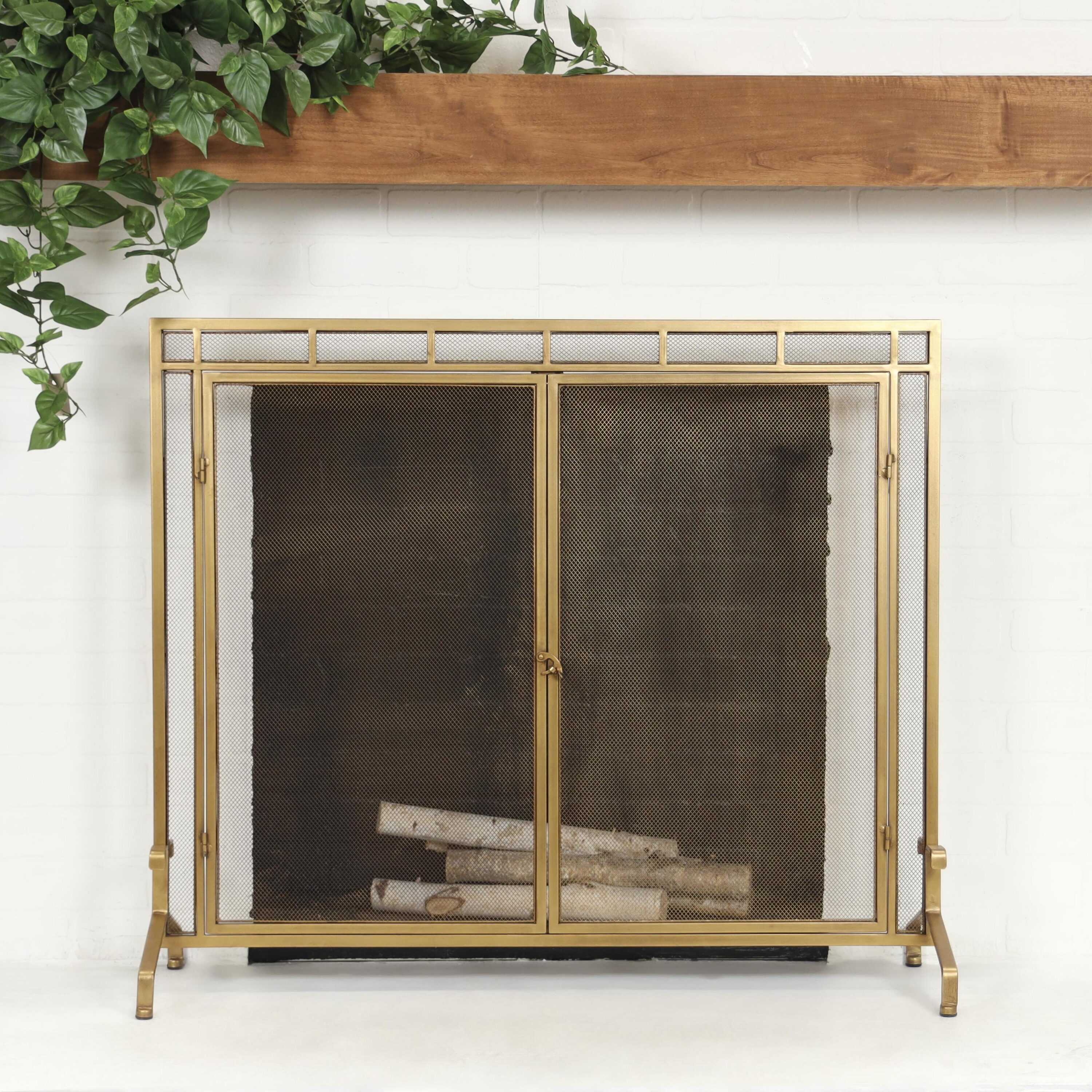 Grayson Lane 39.2-in Gold Geometric Iron 1 -Panel Flat Fireplace Screen #821242