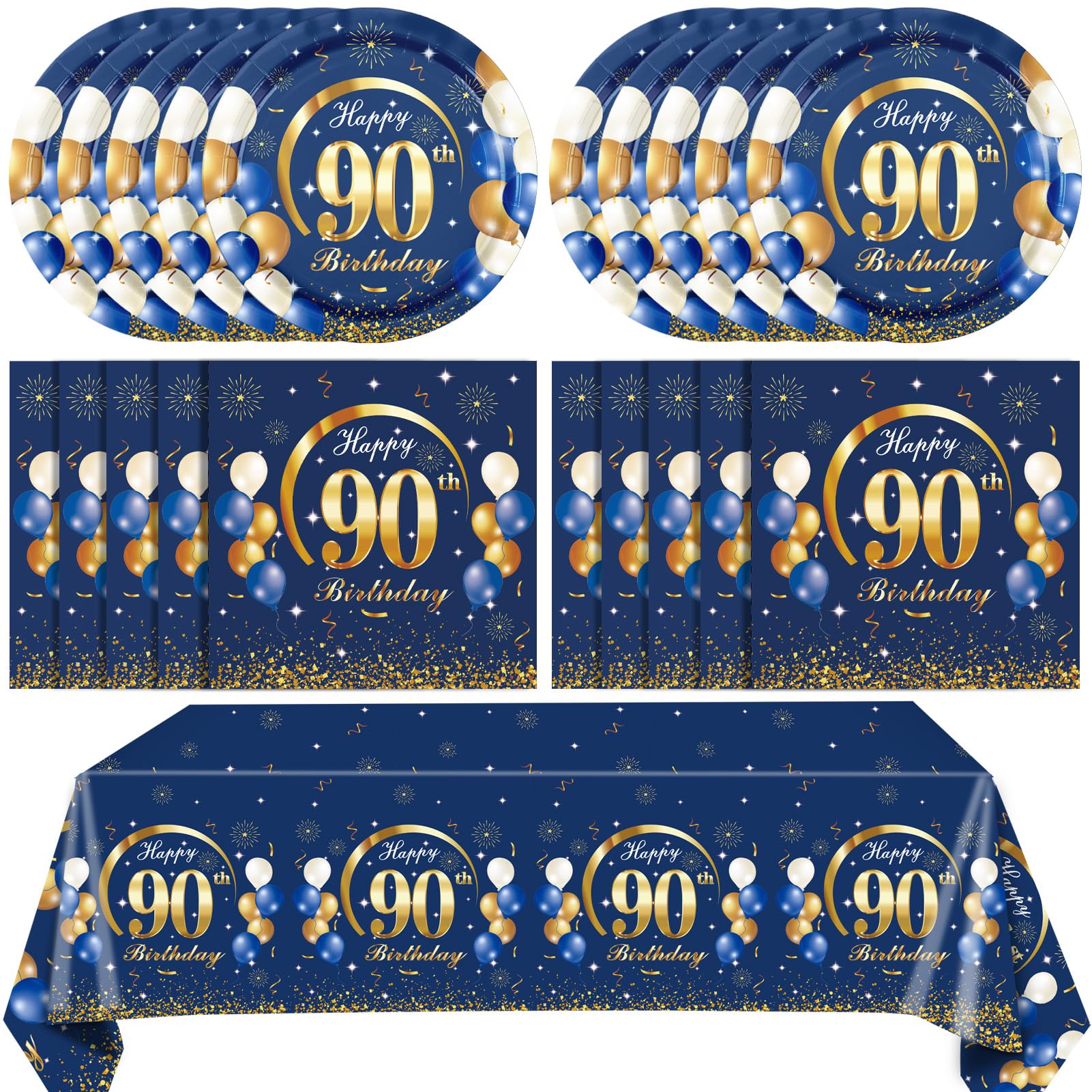 Aoibox 41pcs 90th Birthday Decorations Blue Gold Disposable Tableware Set Includes 20 Plates 20 Napkins 1 Tablecloth for Party Serve 20 #LAB1205D17